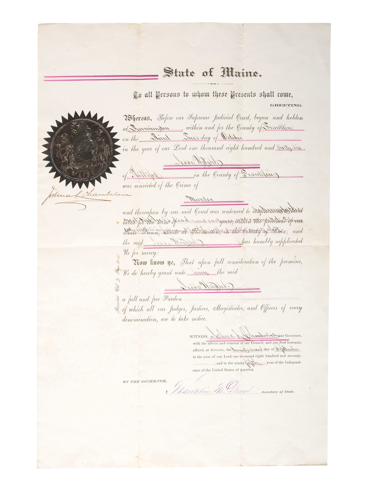 Appraisal: CIVIL WAR CHAMBERLAIN Joshua L - Pardon of a murderer