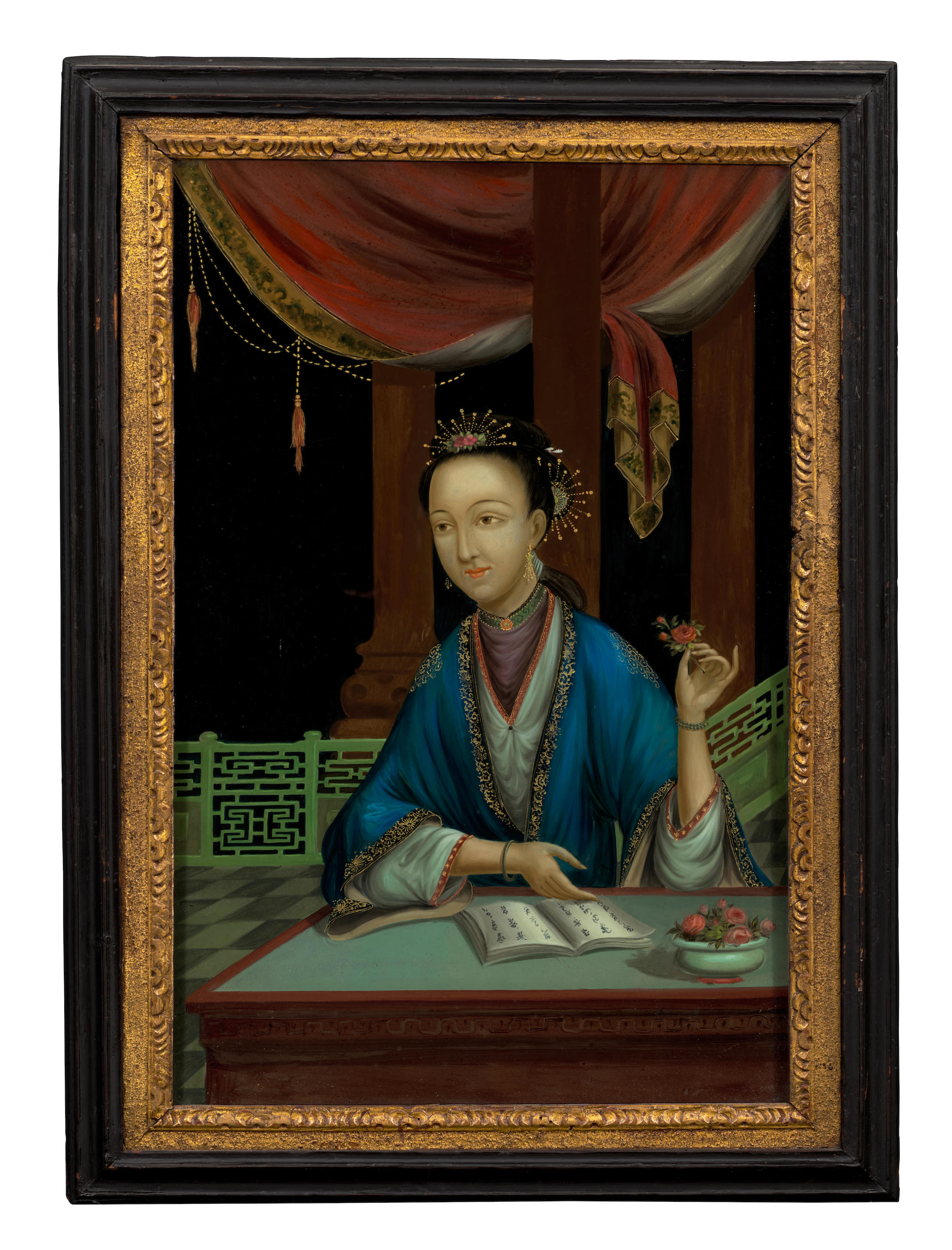 Appraisal: A RARE PAIR OF REVERSE GLASS MIRROR PAINTINGS OF ELEGANT