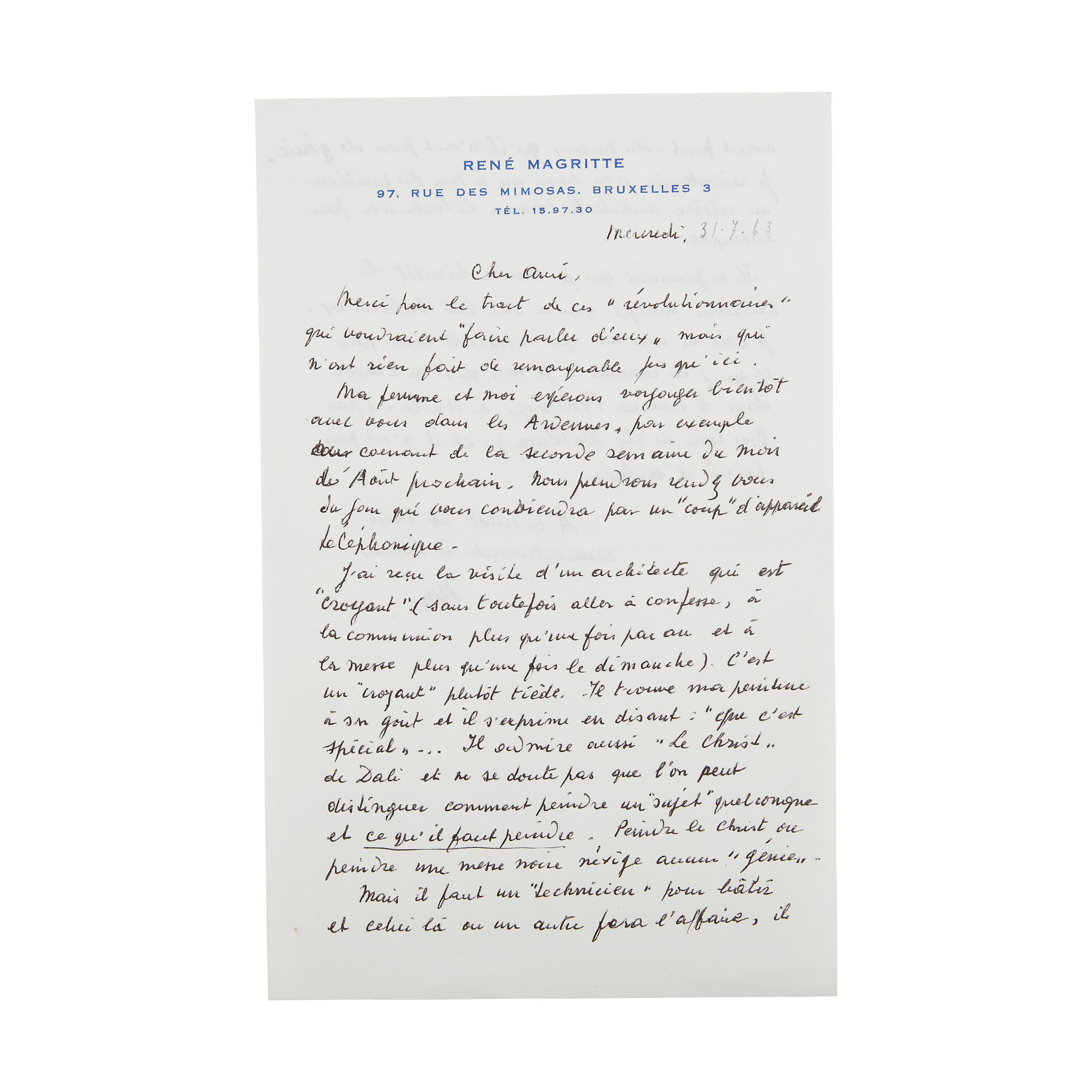 Appraisal: REN MAGRITTE - LETTRE AUTOGRAPHE SIGN E Andr BOSMANS Bruxelles