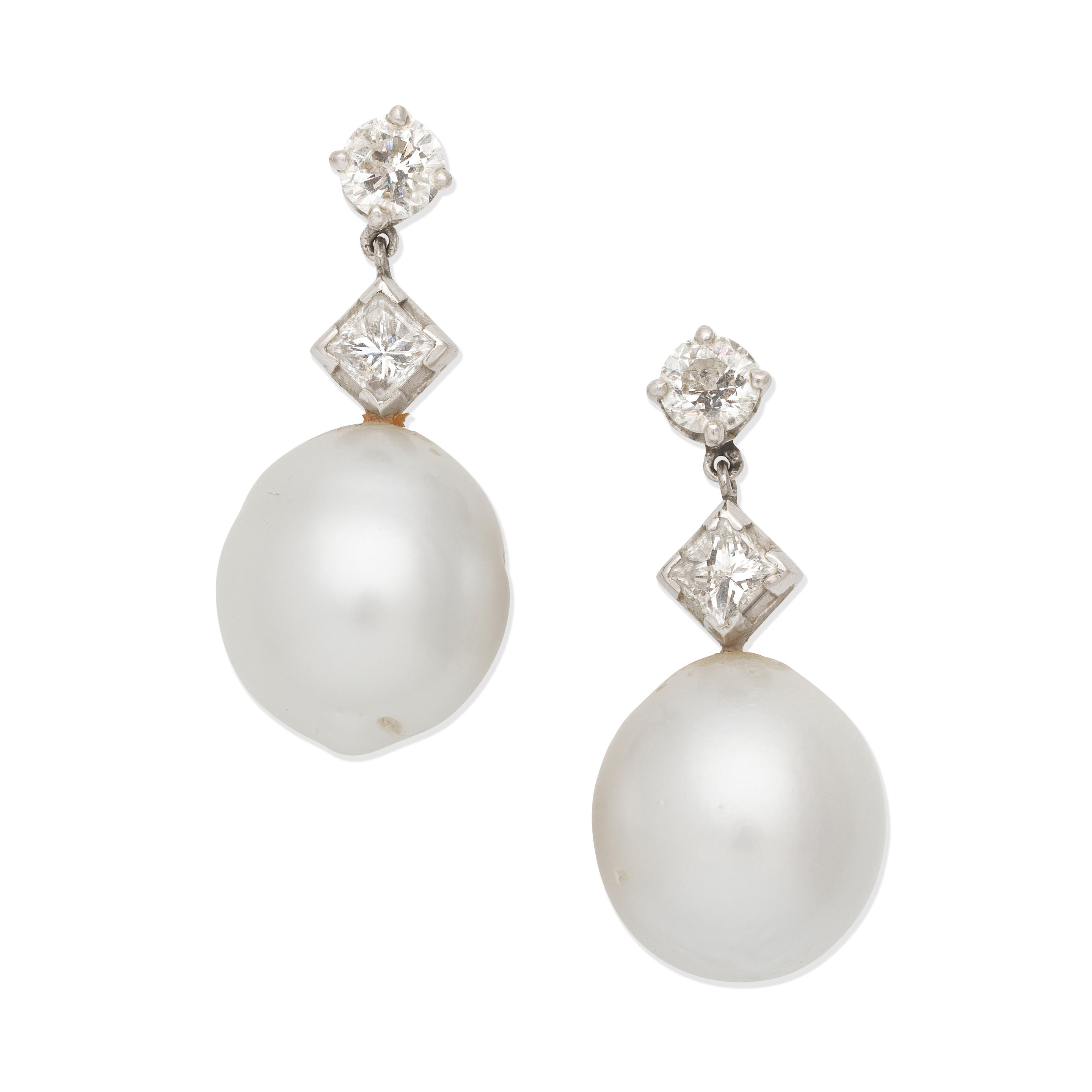 Appraisal: CULTURED PEARL AND DIAMOND PENDENT EARRINGS mm off-round cultured pearls