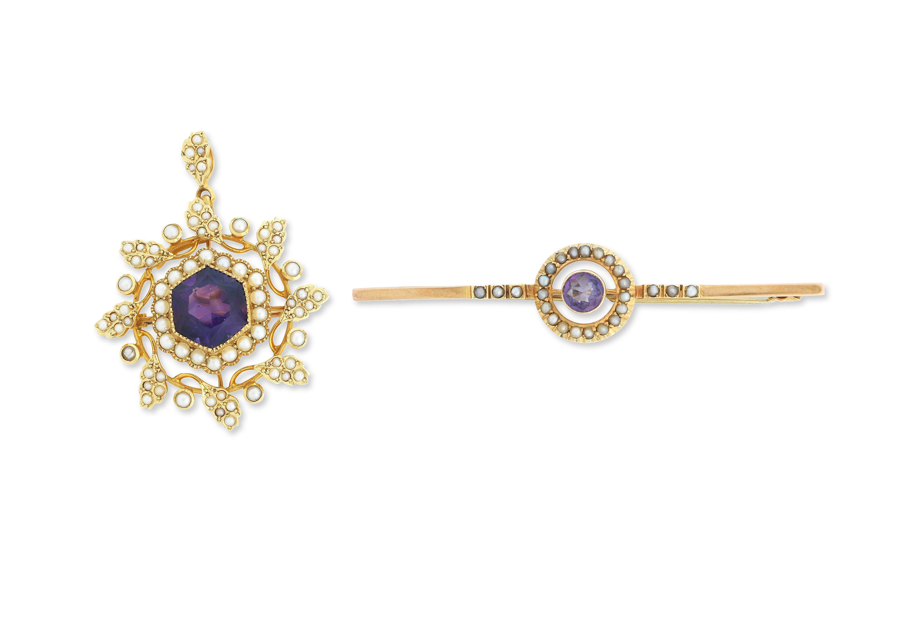 Appraisal: AN AMETHYST AND SEED PEARL PENDANT BROOCH AND A BAR