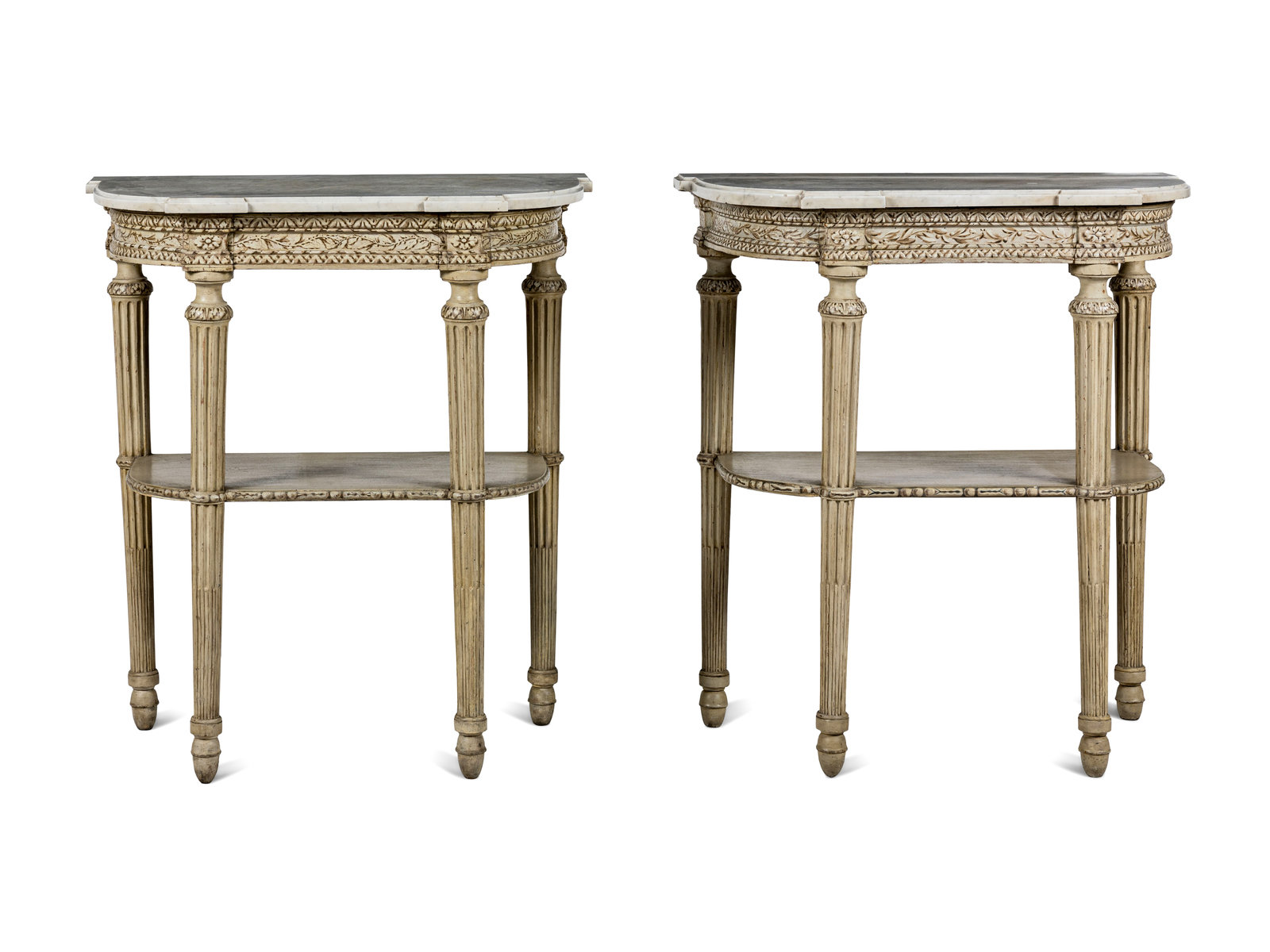 Appraisal: A Pair of Louis XVI Style Grisaille-Painted Console Tables Late