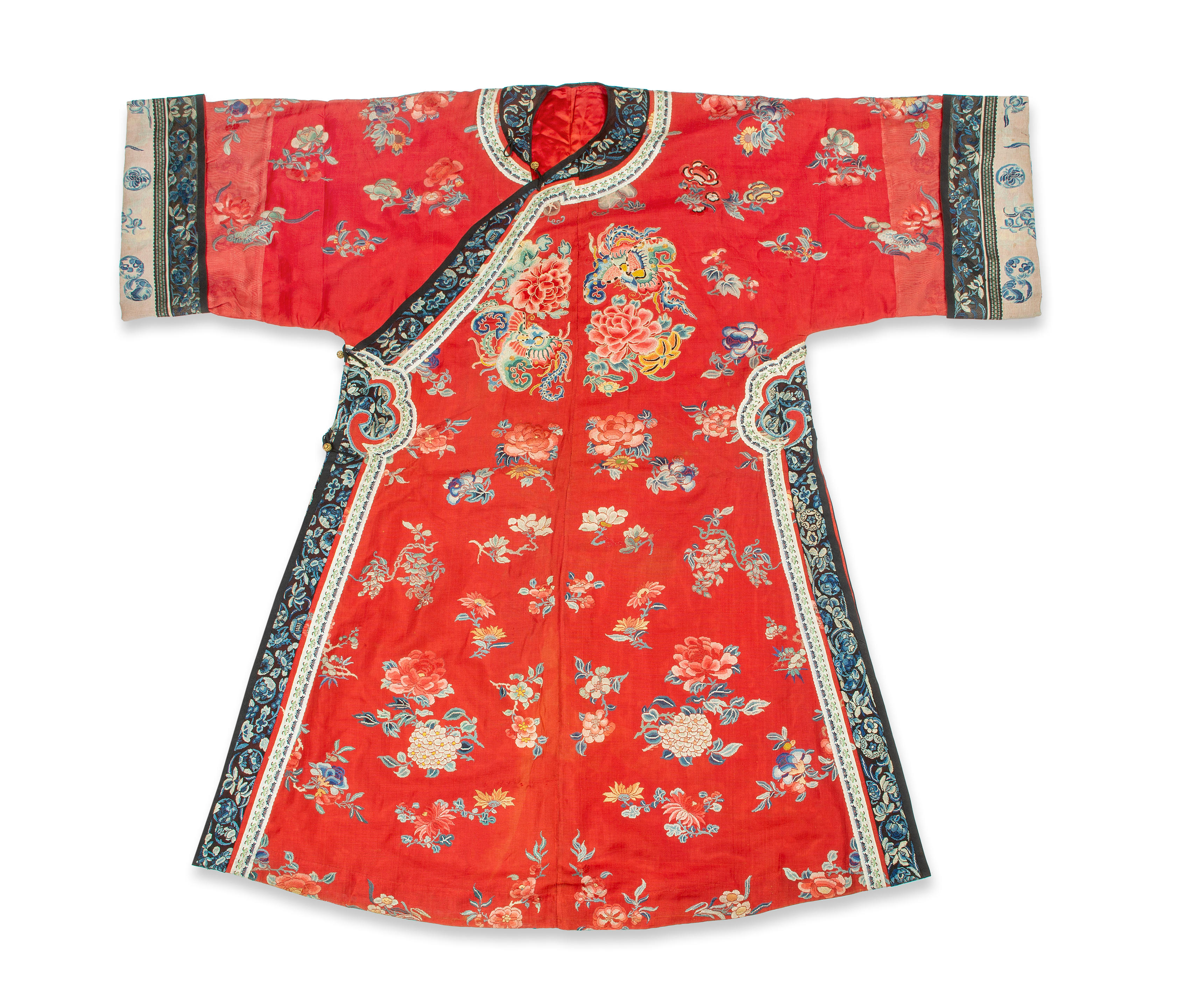 Appraisal: A CORAL-RED-GROUND GAUZE SILK WOMAN'S ROBE CHANGYI Daoguang The coral-red