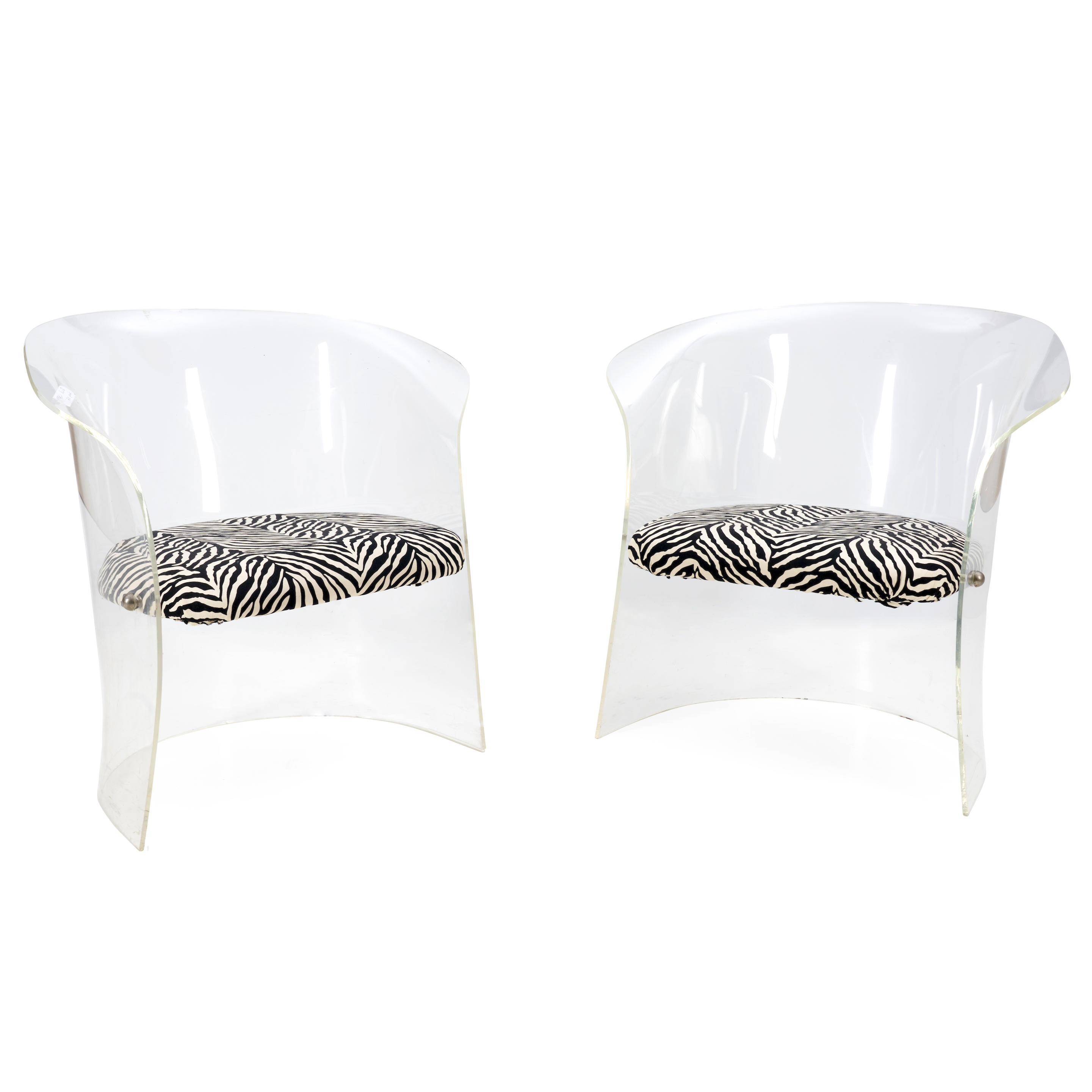 Appraisal: PAIR OF LUCITE BARREL CHAIR WITH ZEBRA-PRINT PATTERNED UPHOLSTERY SEAT