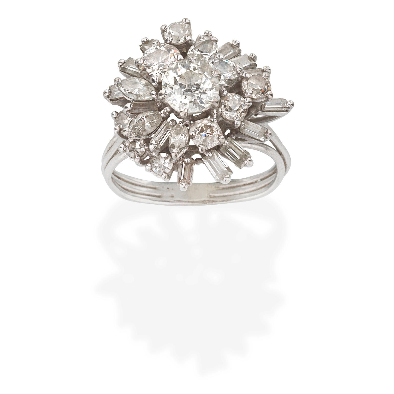 Appraisal: DIAMOND CLUSTER RING Of tiered design cushion-shaped and baguette old