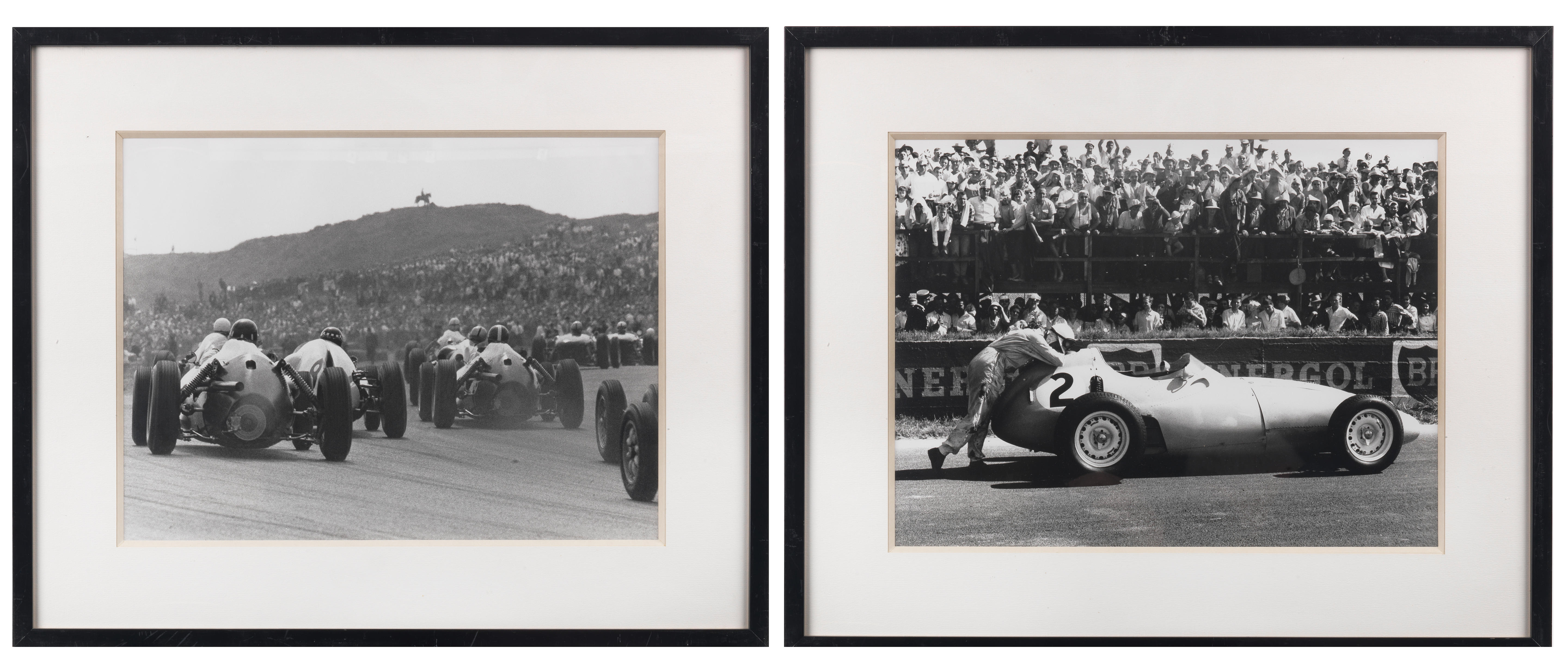 Appraisal: TWO FRAMED PHOTOGRAPHS BY BERNARD CAHIER DEPICTING GRAND PRIX RACE