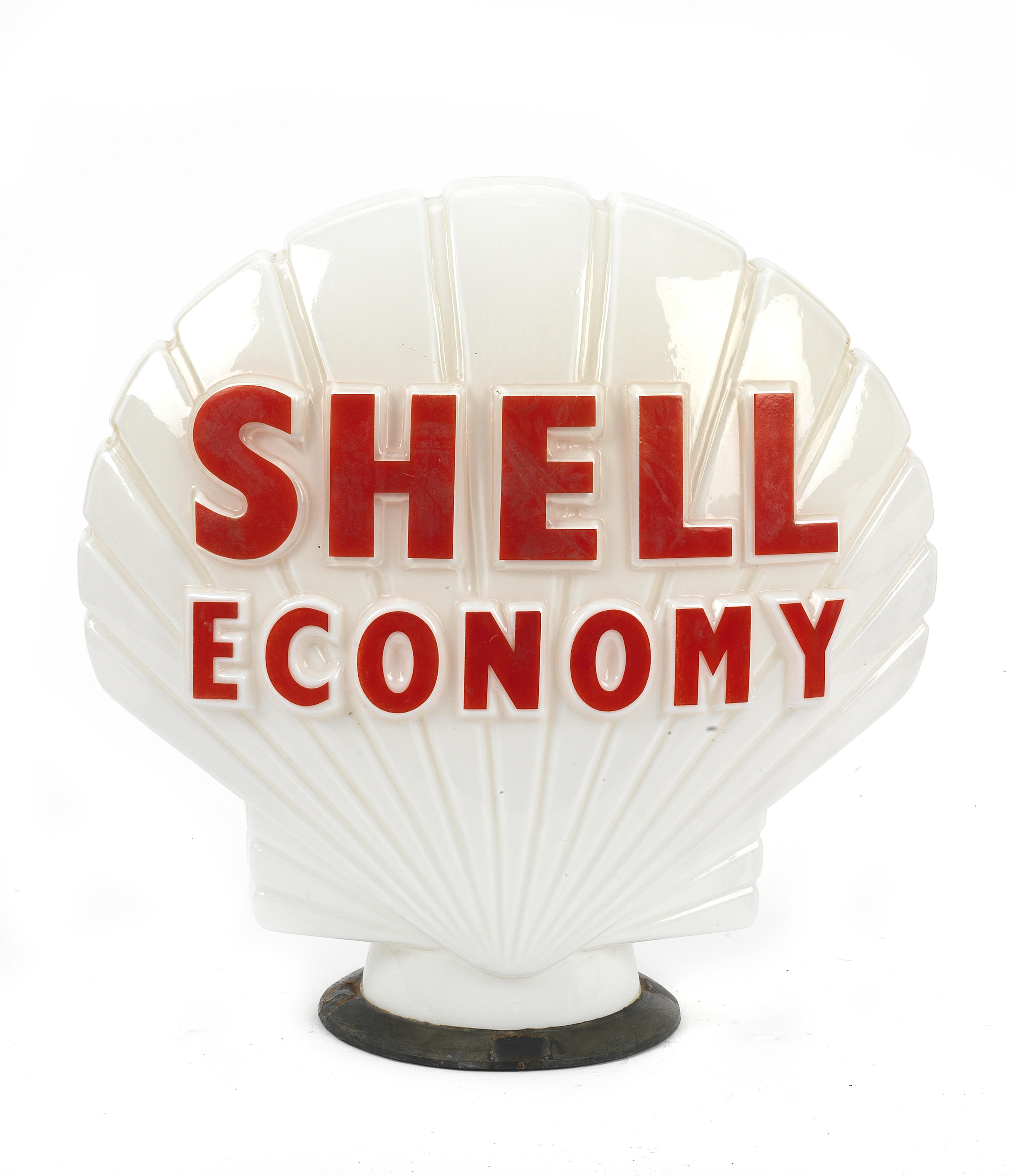 Appraisal: A 'SHELL ECONOMY' GLASS PETROL PUMP GLOBE BY HAILWARE shell-shaped