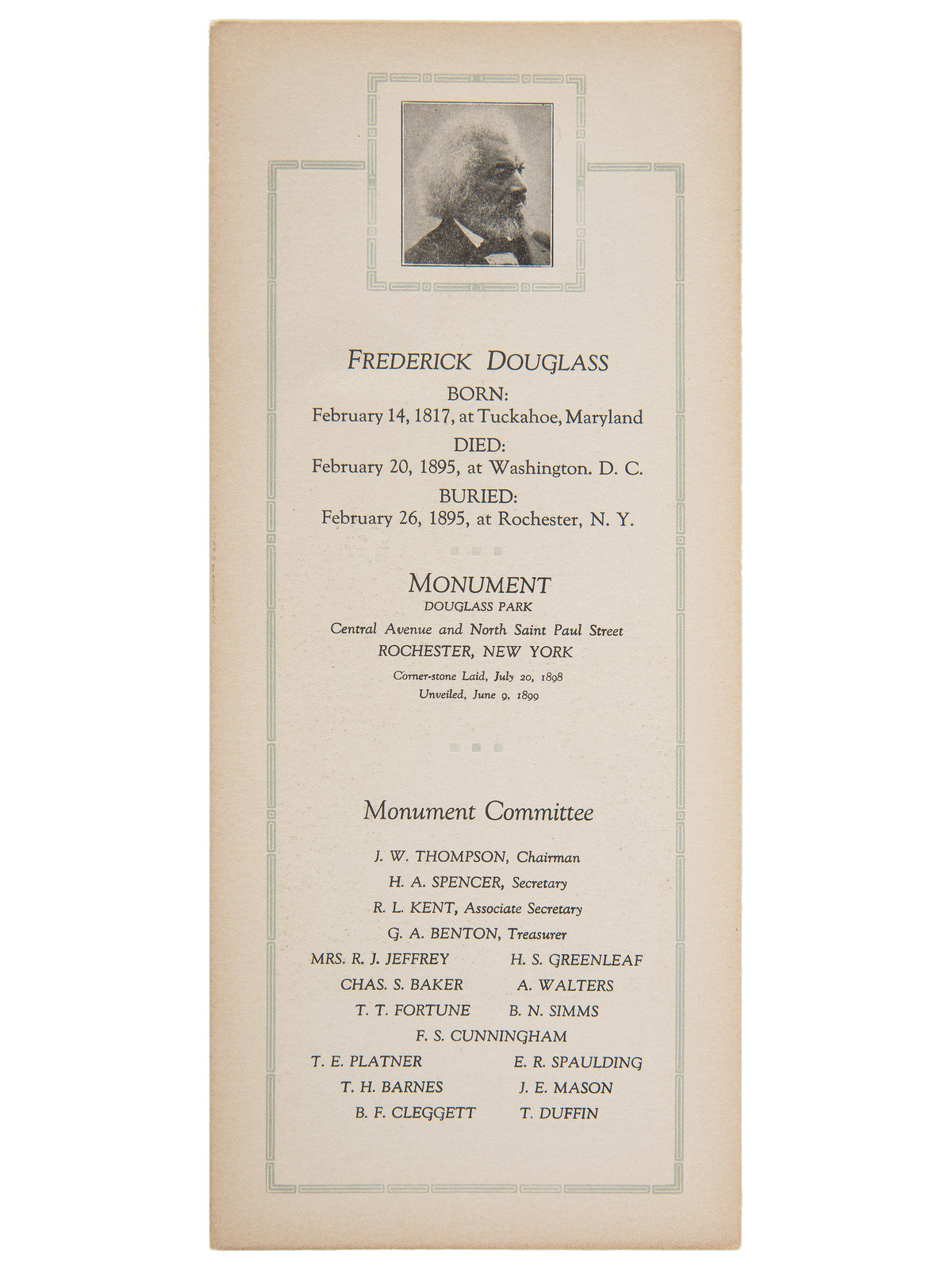 Appraisal: AFRICAN AMERICANA -- DOUGLASS Frederick - Commemoration from the Frederick