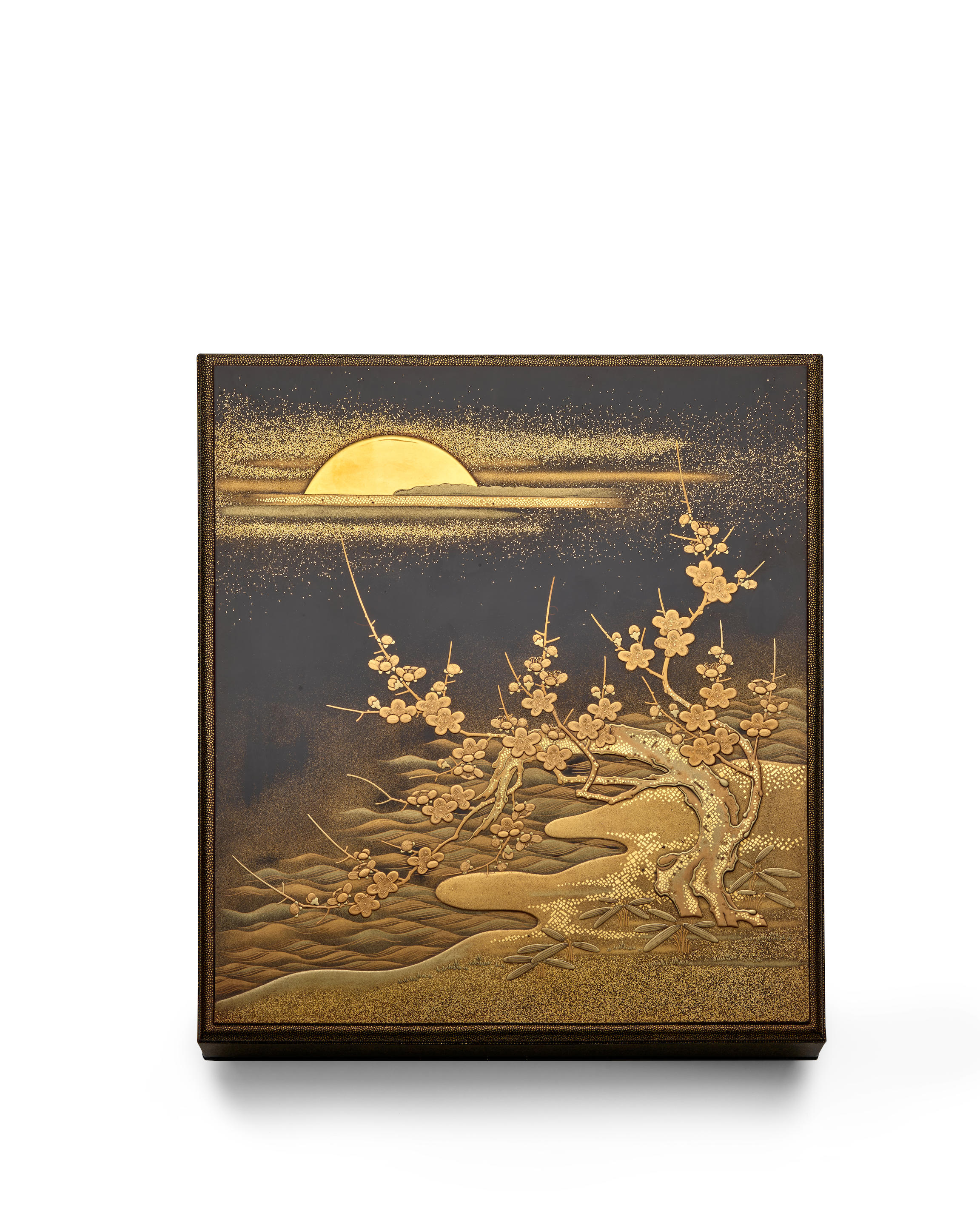 Appraisal: A BLACK- AND GOLD-LACQUER SUZURIBAKO BOX FOR WRITING UTENSILS Meiji