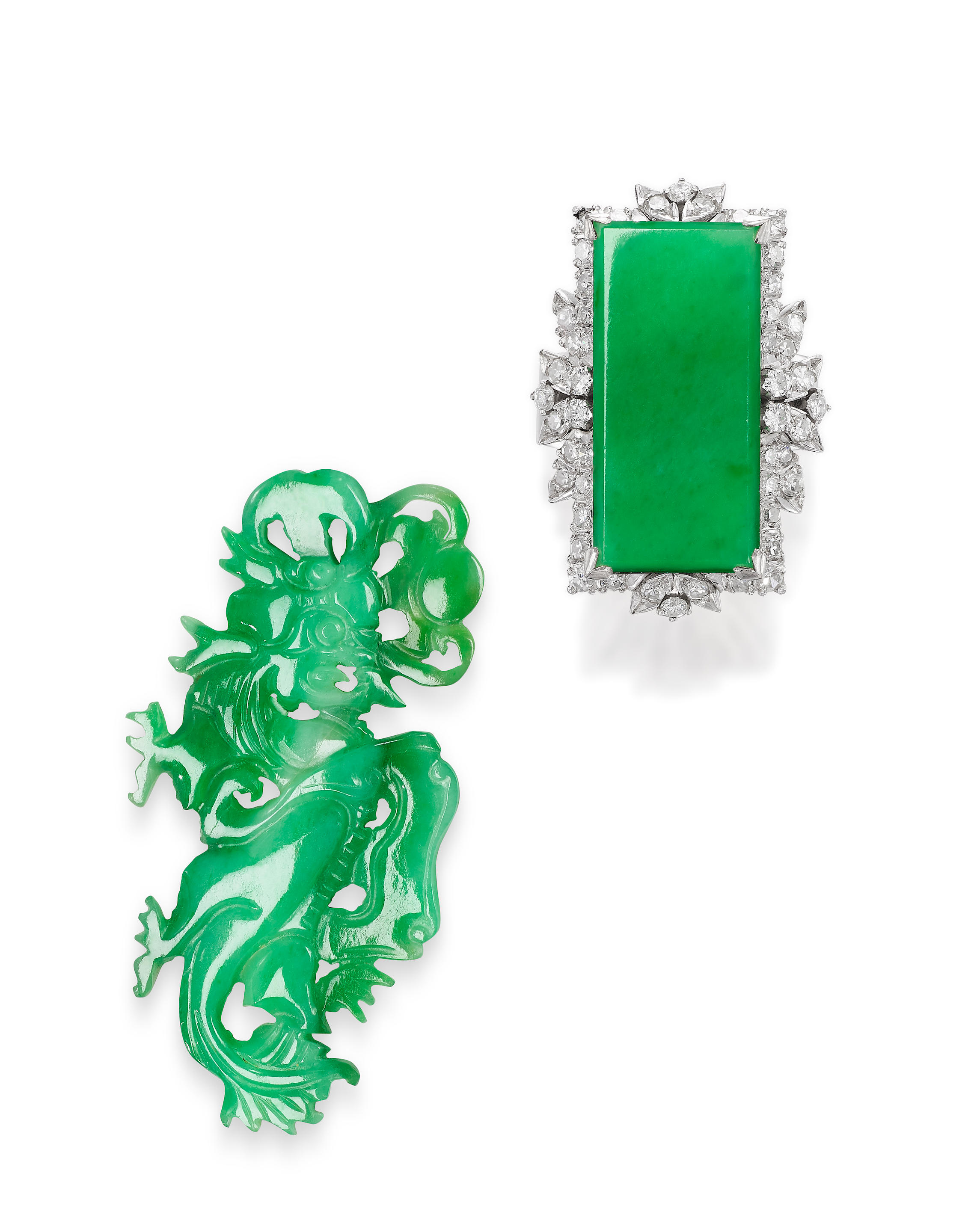 Appraisal: JADEITE AND DIAMOND RING AND JADEITE 'DRAGON' PENDANT Certificates Global