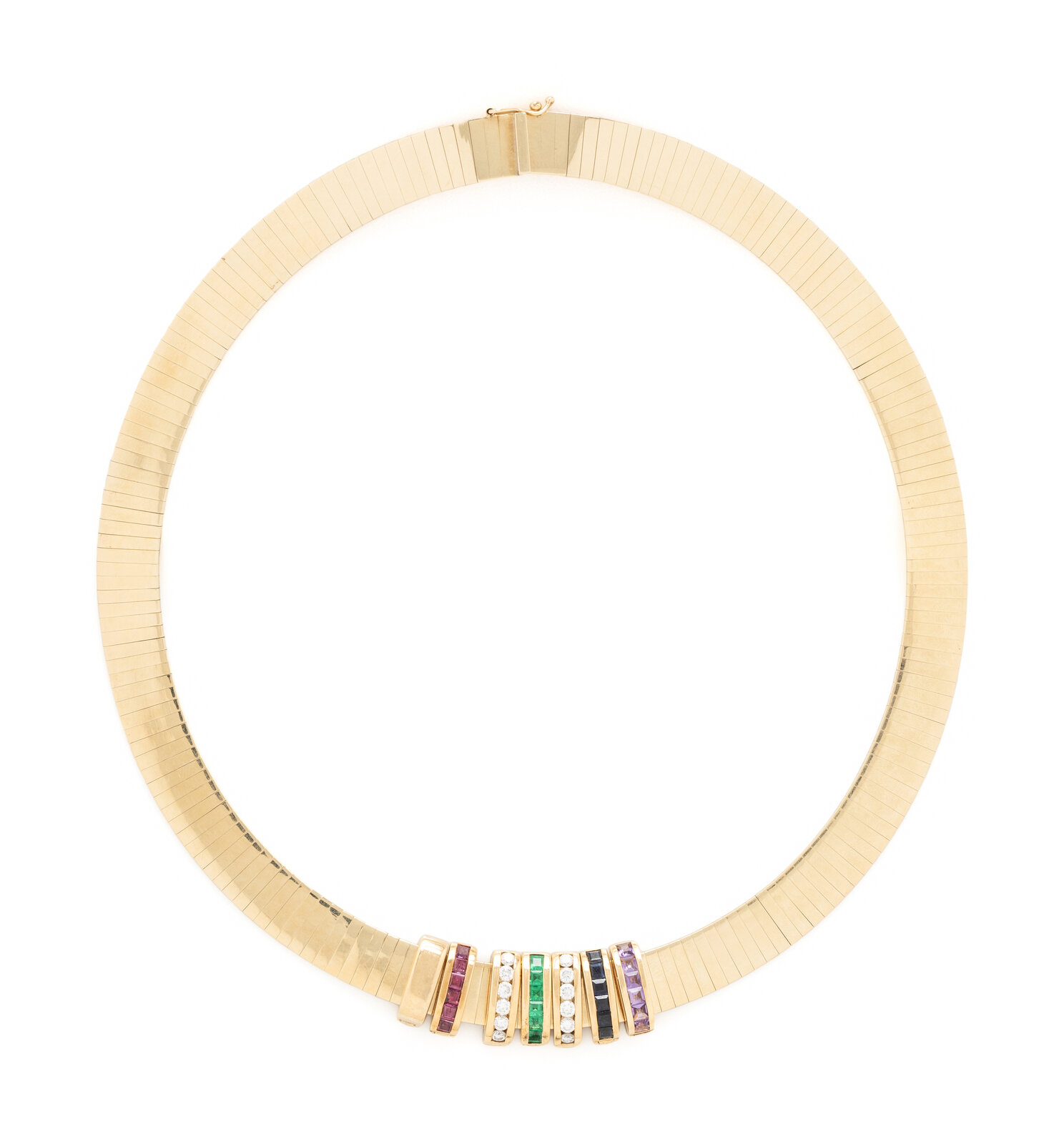 Appraisal: YELLOW GOLD AND MULTI GEMSTONE OMEGA SLIDER NECKLACE With seven