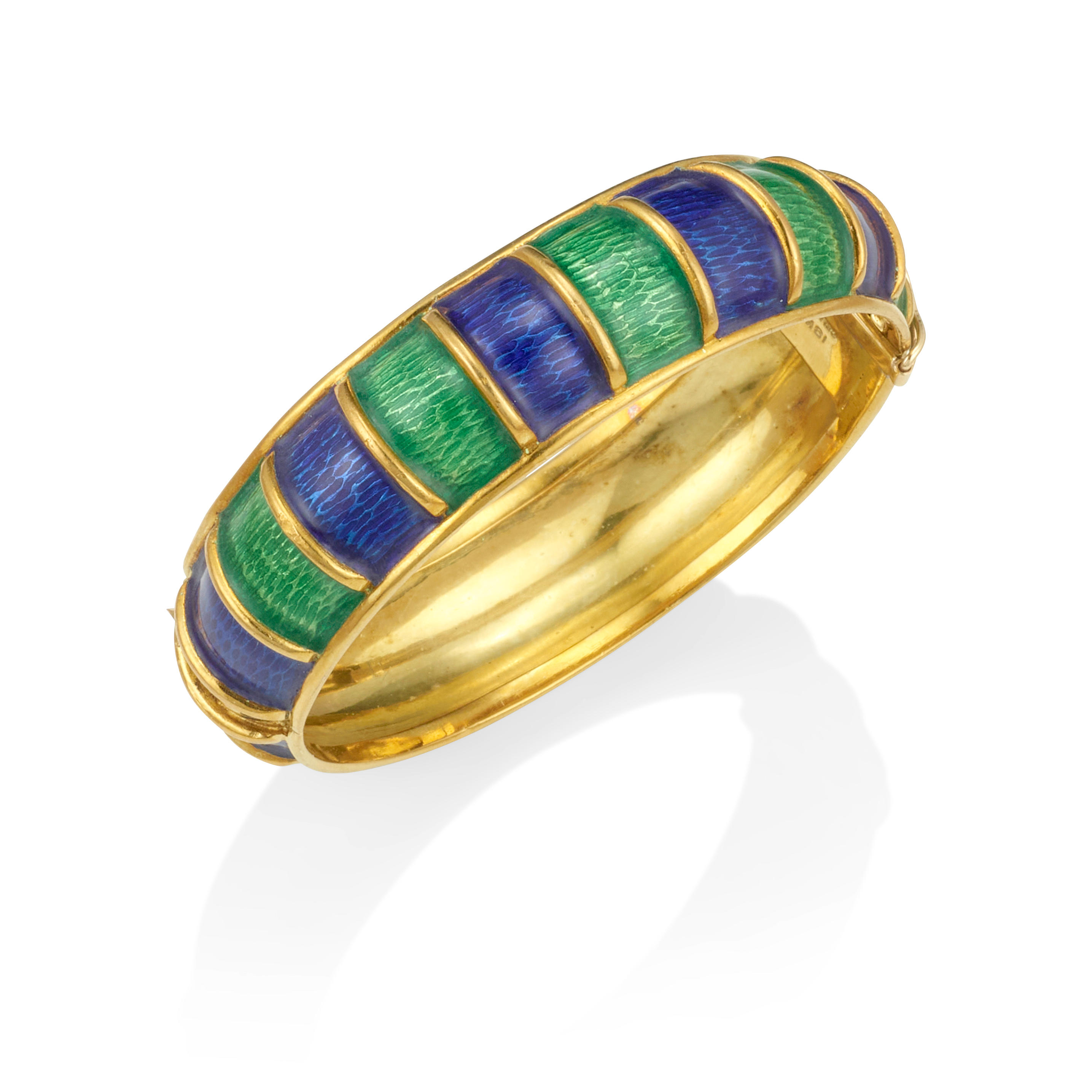 Appraisal: CELLINO AN K GOLD AND ENAMEL BANGLE A hinged bracelet