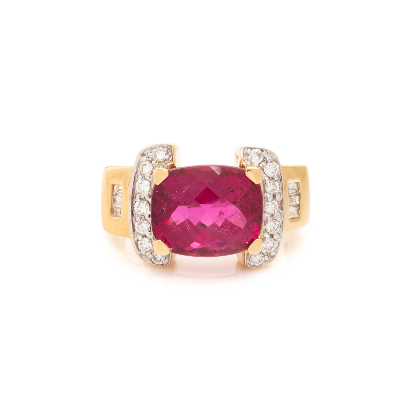 Appraisal: YELLOW GOLD RUBELLITE AND DIAMOND RING Cushion checkerboard cut rubellite