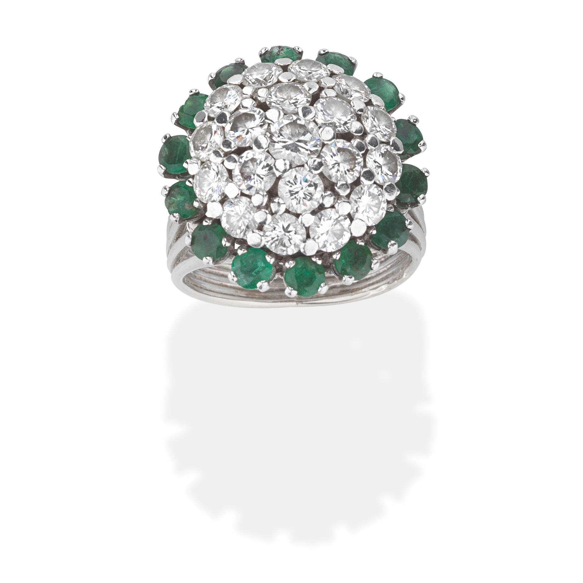 Appraisal: EMERALD AND DIAMOND RING Circular-cut emeralds brilliant-cut diamonds diamonds approx