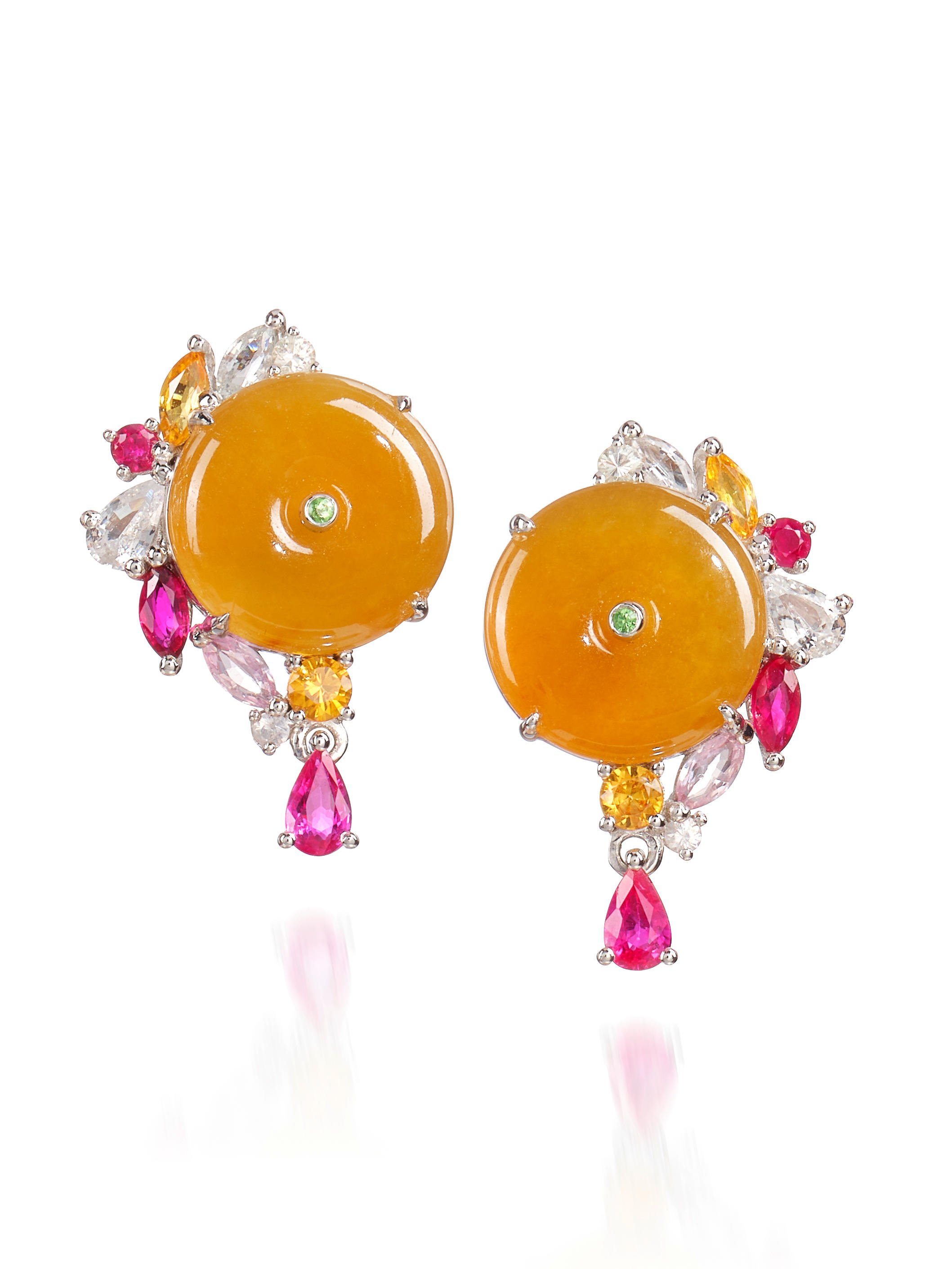 Appraisal: PAIR OF YELLOW JADEITE 'HUAIGU' AND GEM-SET EARRINGS Each set