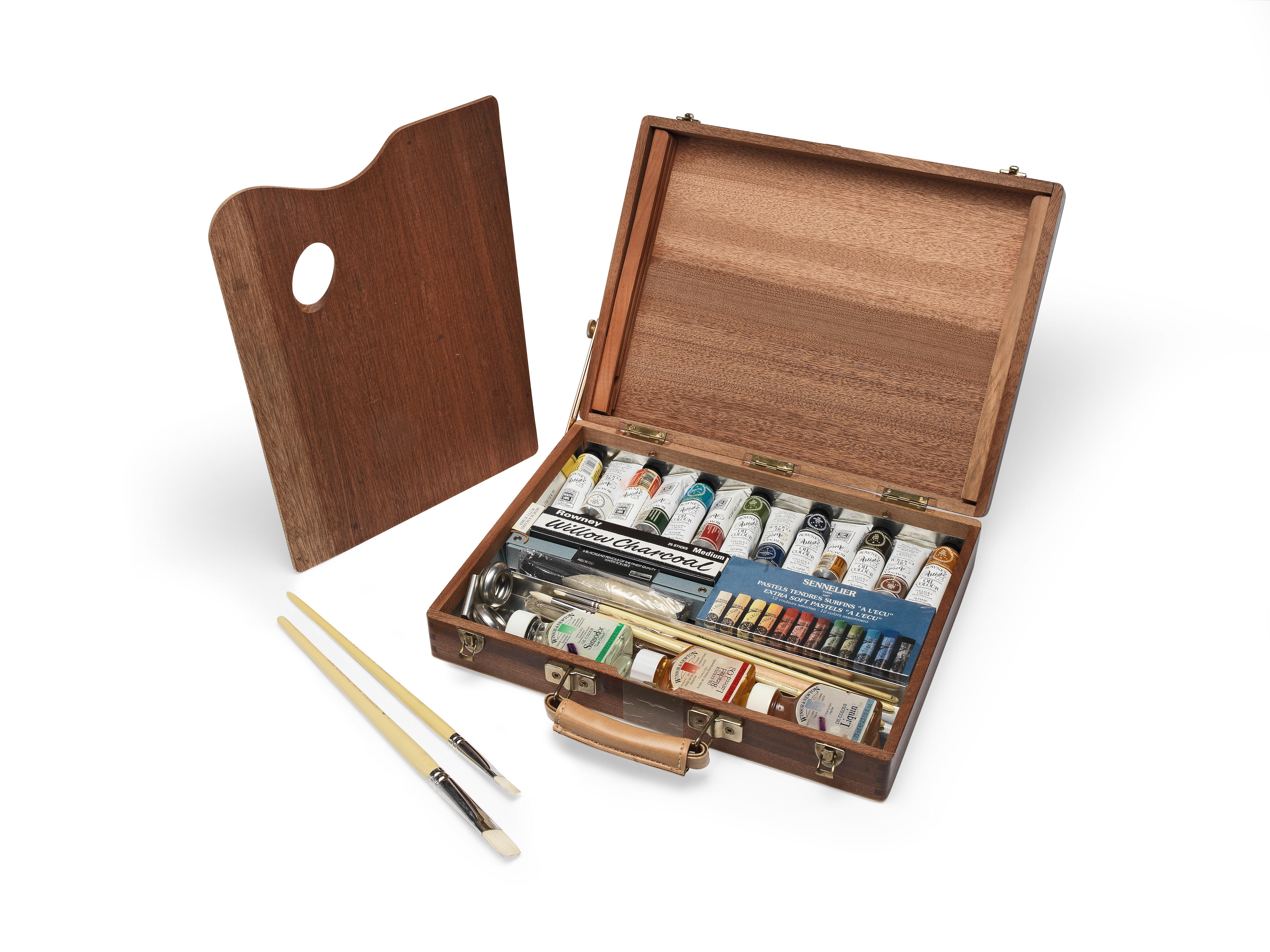 Appraisal: A ROWNEY ARTIST'S WOODEN PAINT BOX COMPLETE WITH OIL PAINTS