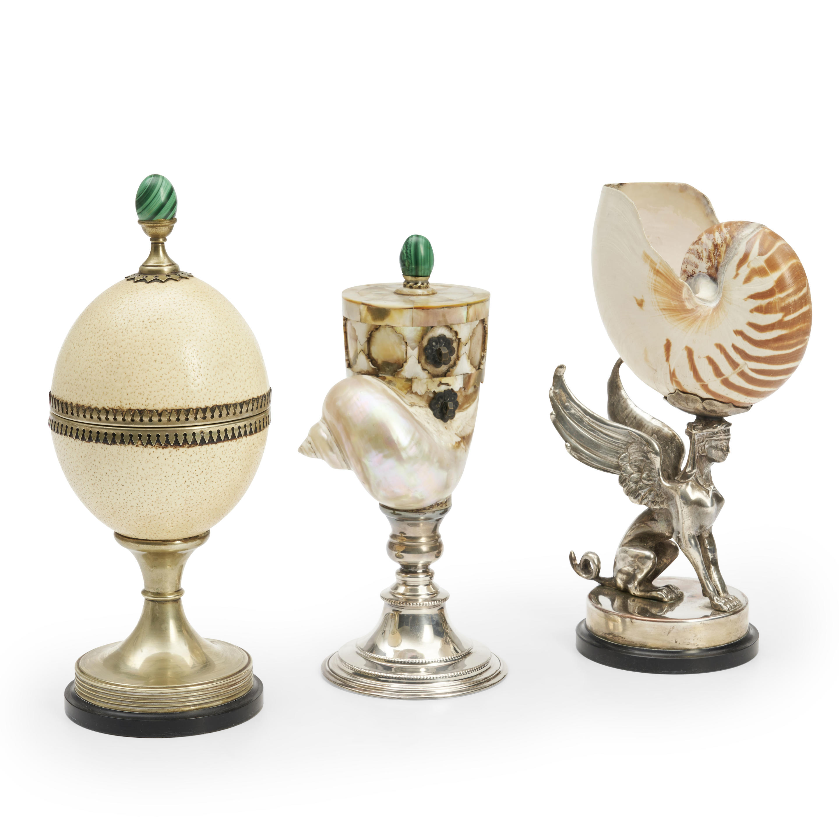 Appraisal: THREE DECORATIVE EGG AND SHELL ITEMS ANTHONY REDMILE MOUNTED NAUTALUS