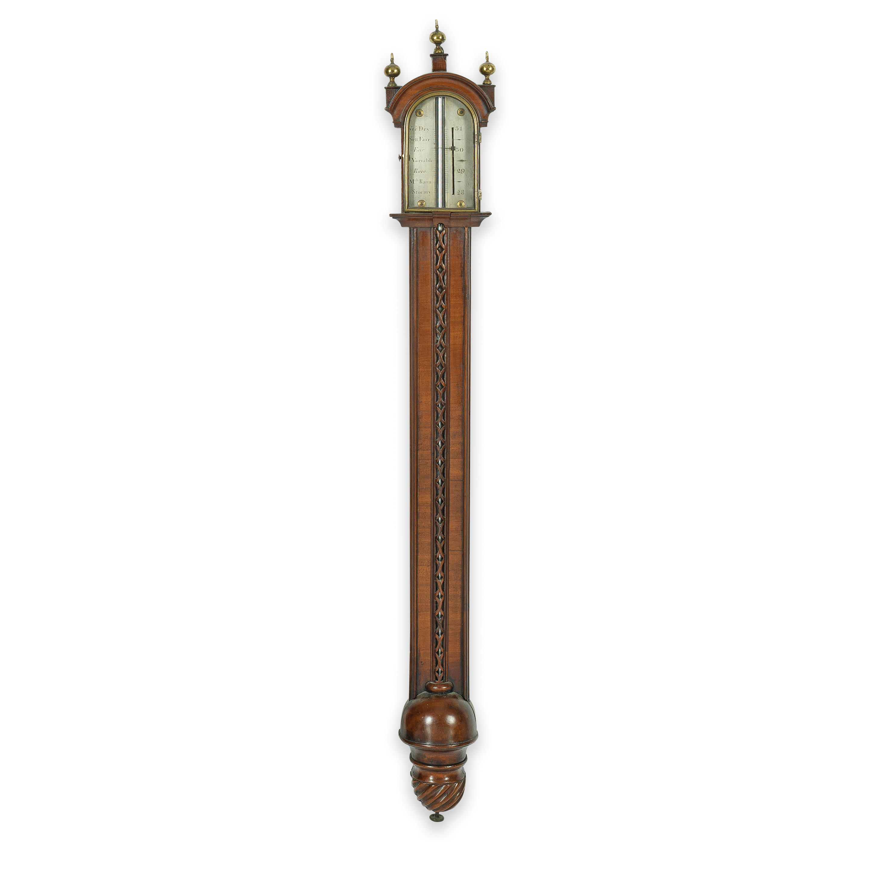 Appraisal: A GEORGE III BRASS MOUNTED MAHOGANY STICK BAROMETER the arched