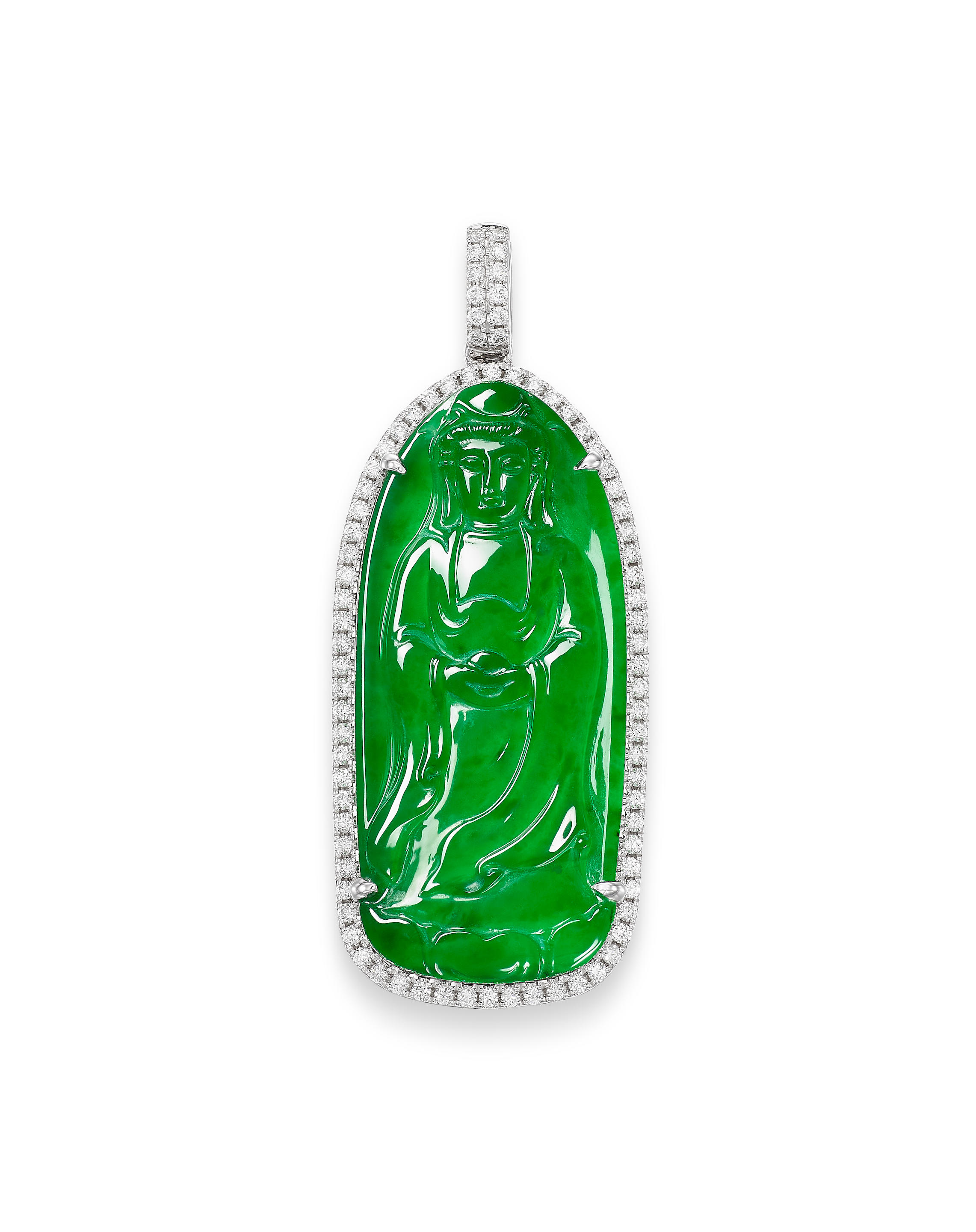 Appraisal: JADEITE AND DIAMOND 'GUANYIN' PENDANT Certificate HKKJJL jadeite natural type