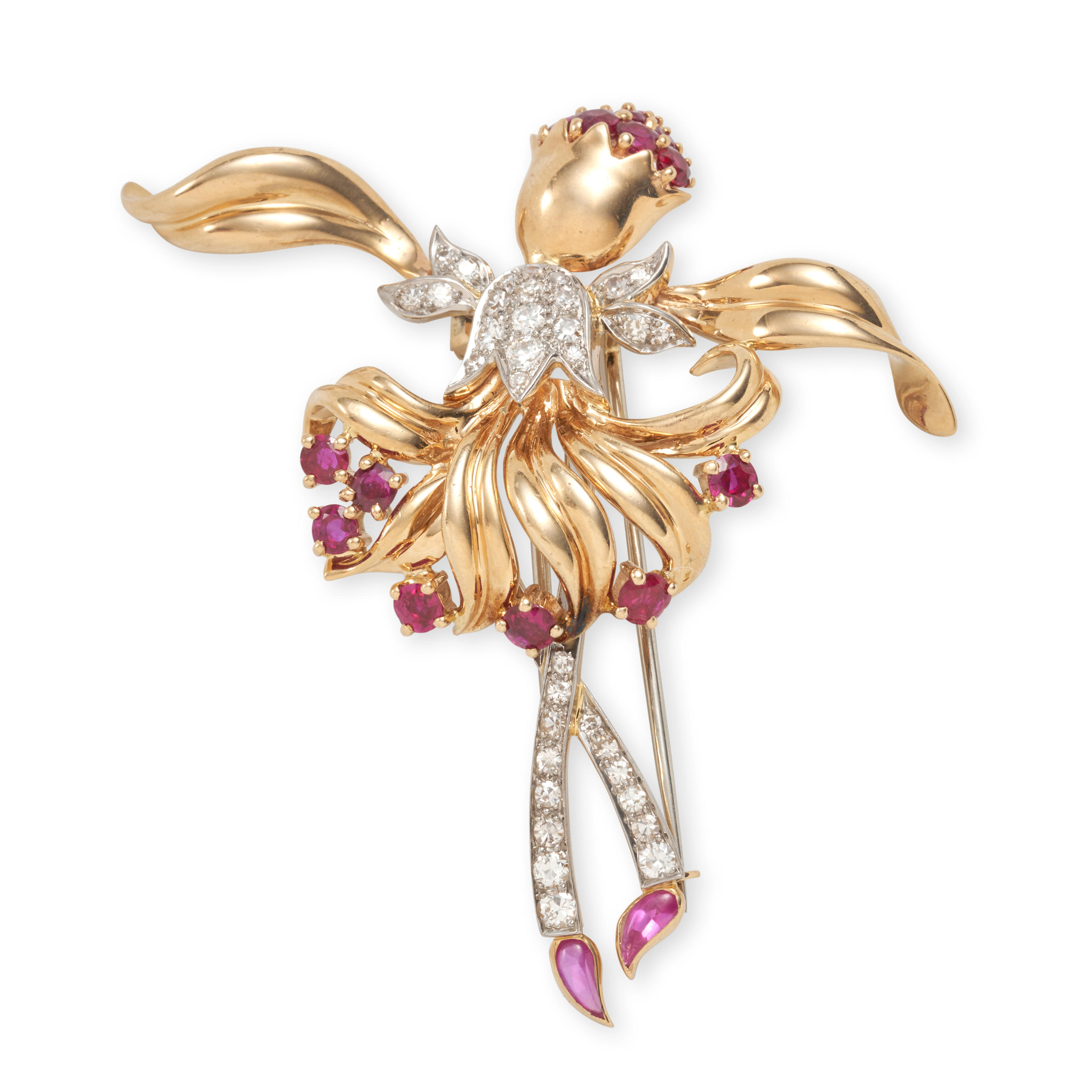 Appraisal: A RETRO K GOLD RUBY AND DIAMOND BALLERINA BROOCH Designed