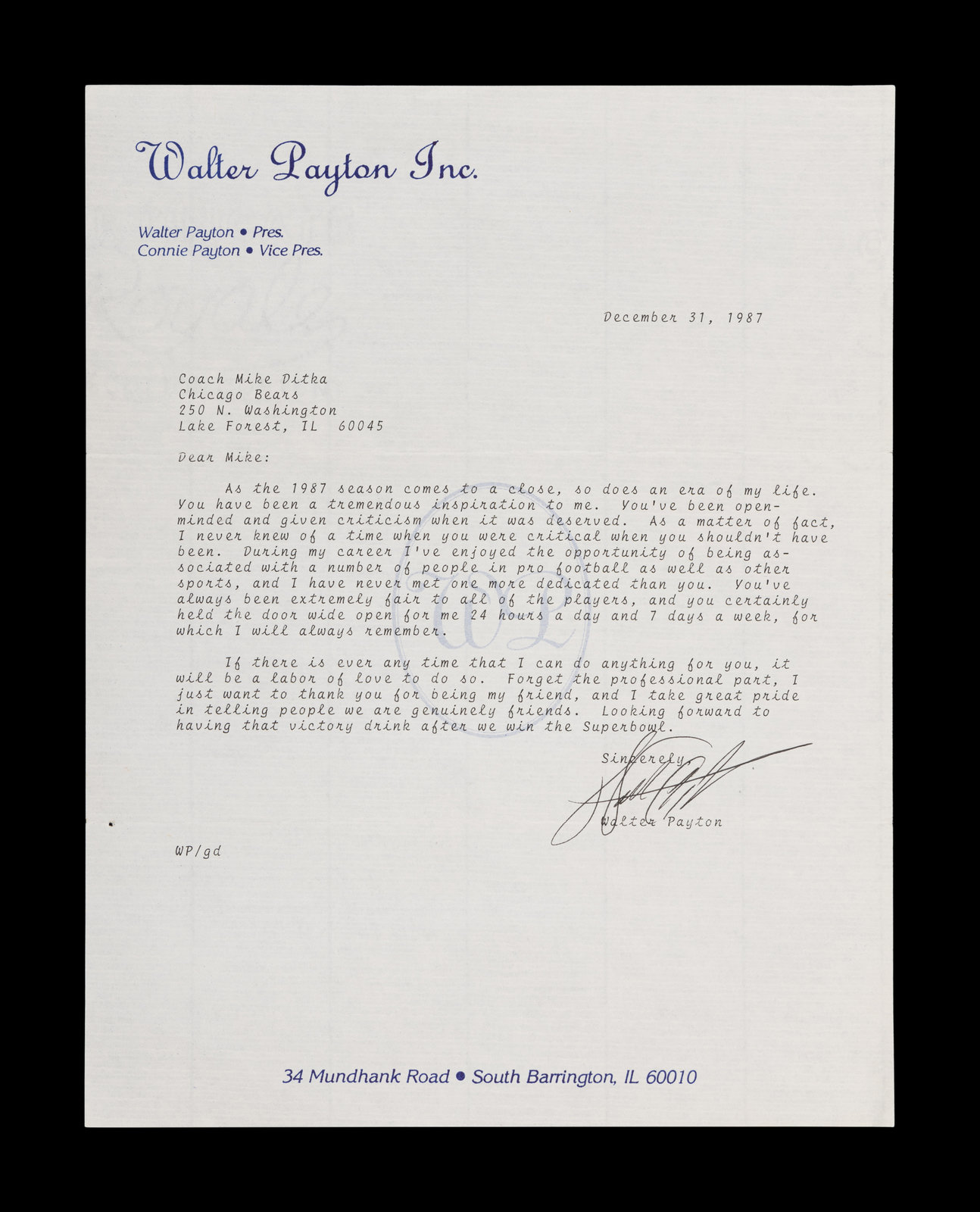 Appraisal: A Historically Significant Walter Payton Signed Retirement Letter To Mike