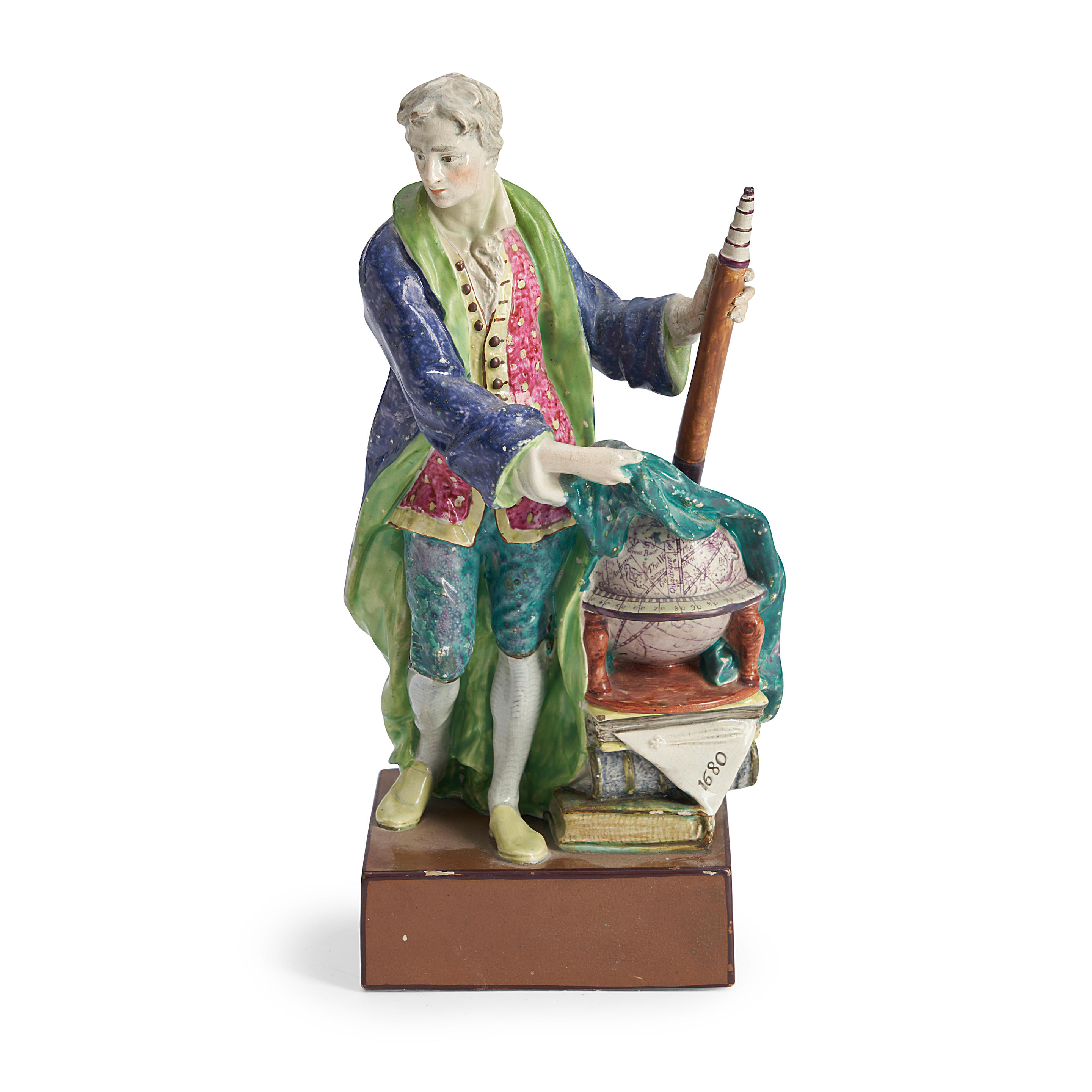 Appraisal: POLYCHROME-GLAZED FIGURE OF SIR ISAAC NEWTON - Staffordshire England early