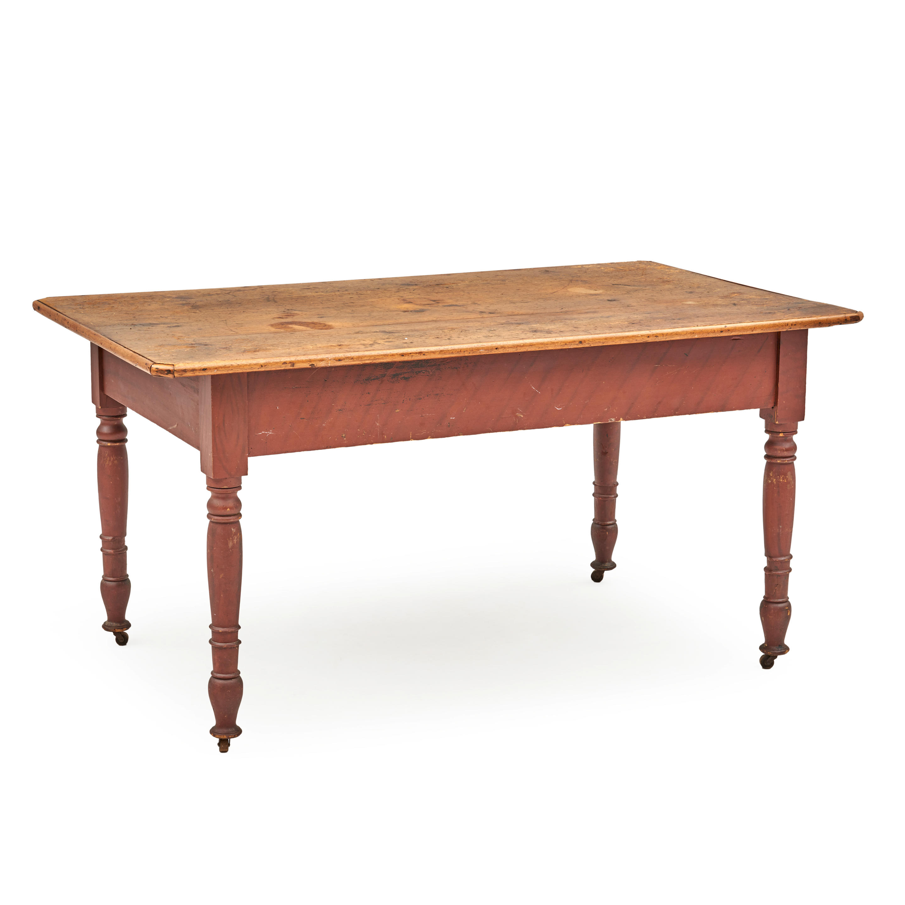 Appraisal: RED-PAINTED PINE KITCHEN TABLE America th century Large two-board top