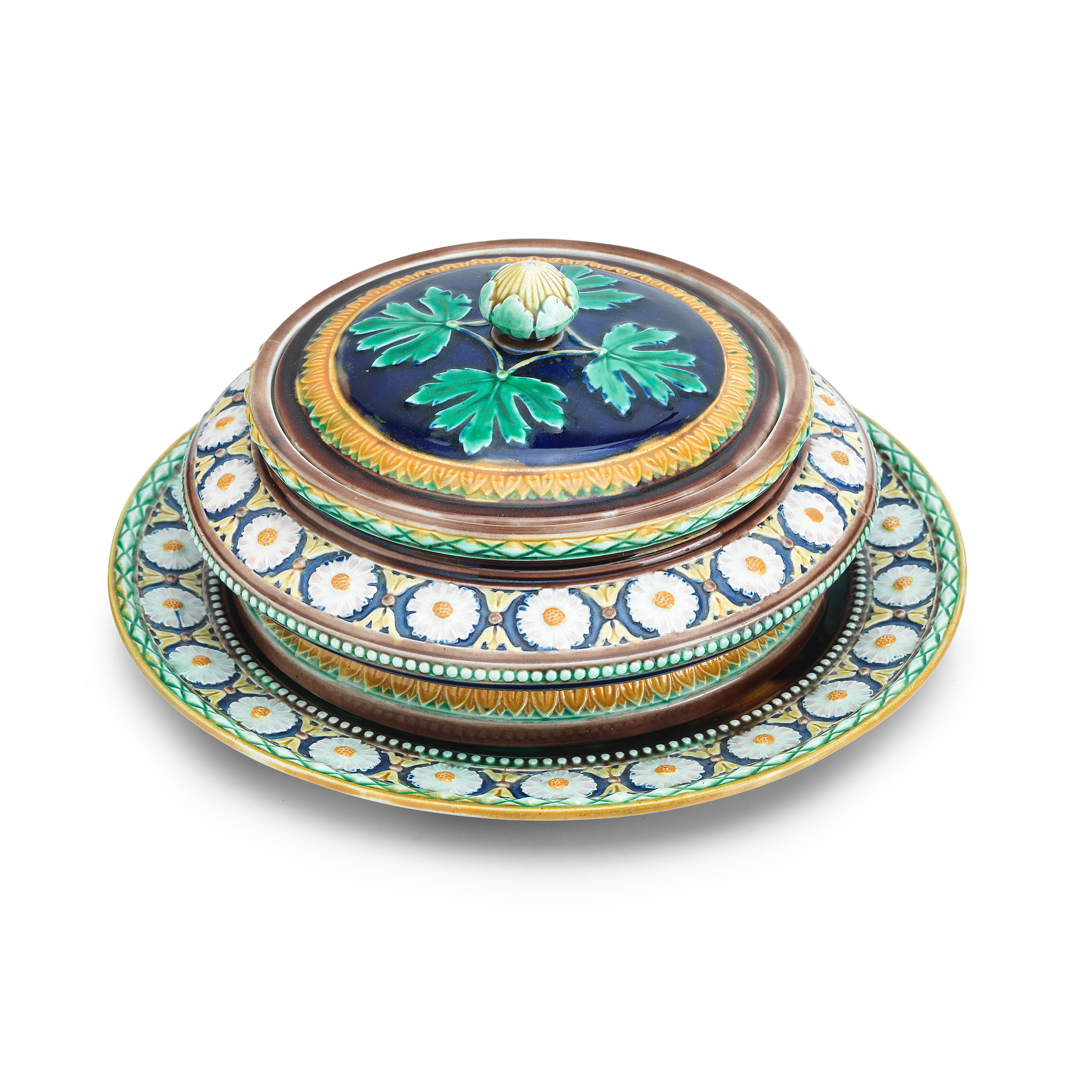 Appraisal: A WEDGWOOD MAJOLICA BUTTERDISH AND STAND Of circular form the