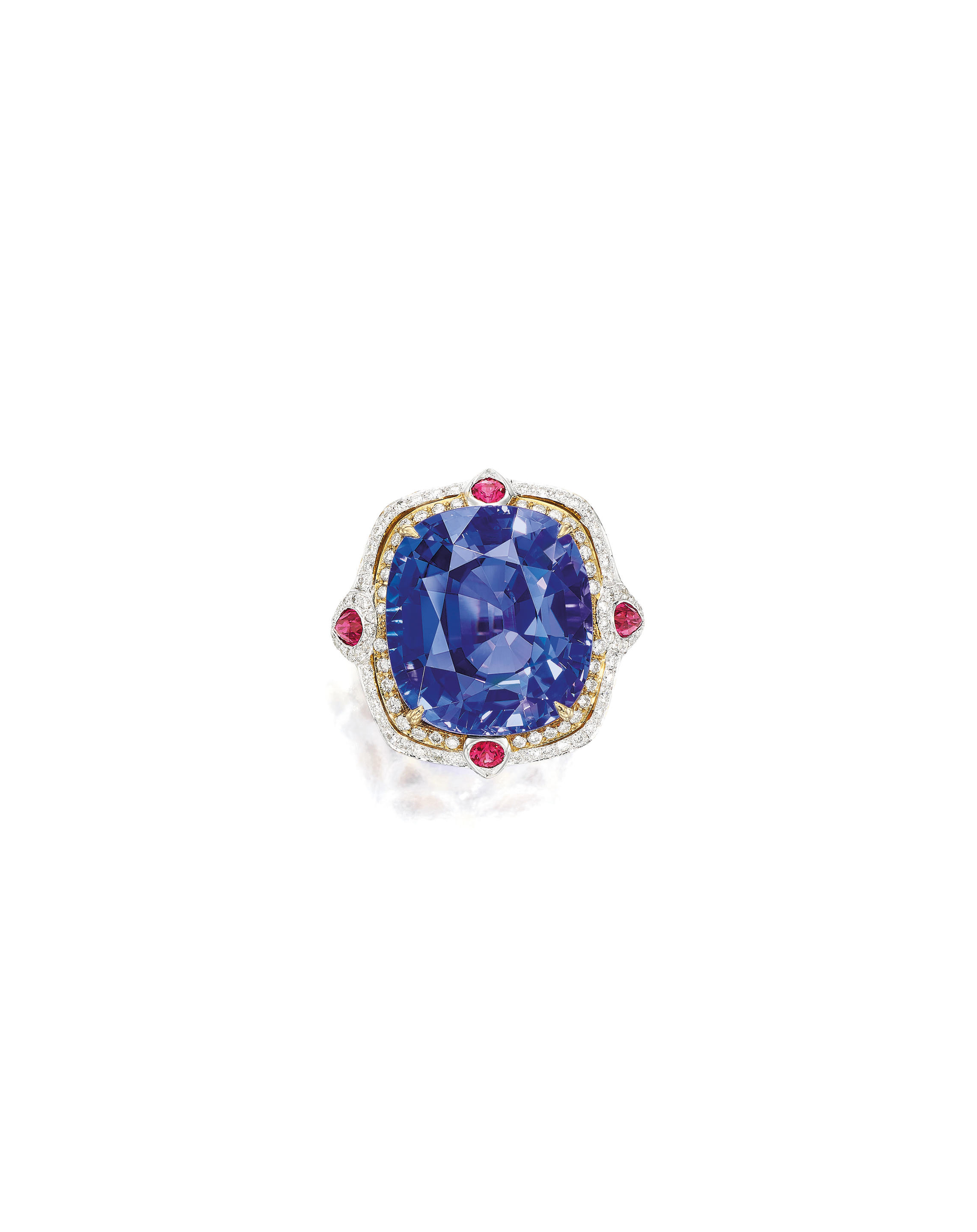 Appraisal: TANZANITE PINK SPINEL AND DIAMOND RING The cushion-shaped tanzanite weighing