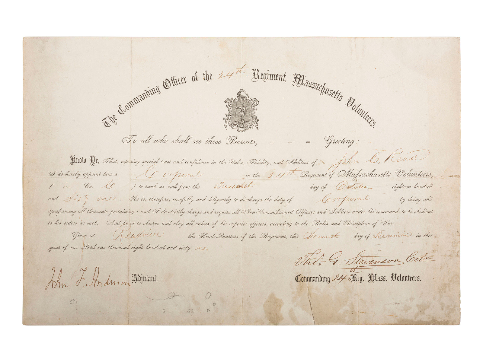 Appraisal: CIVIL WAR Appointment signed by Brig Gen Thomas G Stevenson