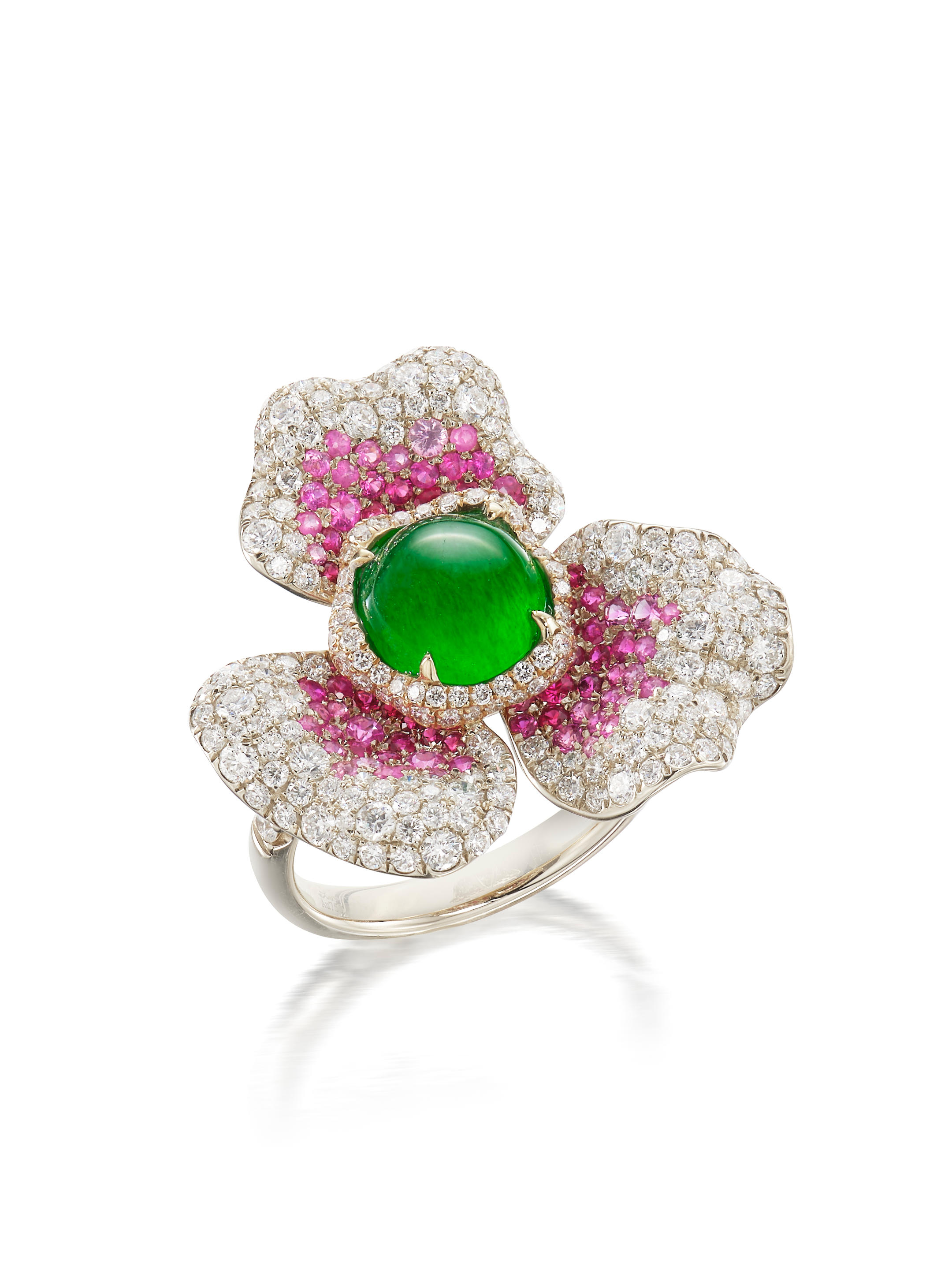 Appraisal: JADEITE RUBY AND DIAMOND 'FLOWER' RING The flower centring a