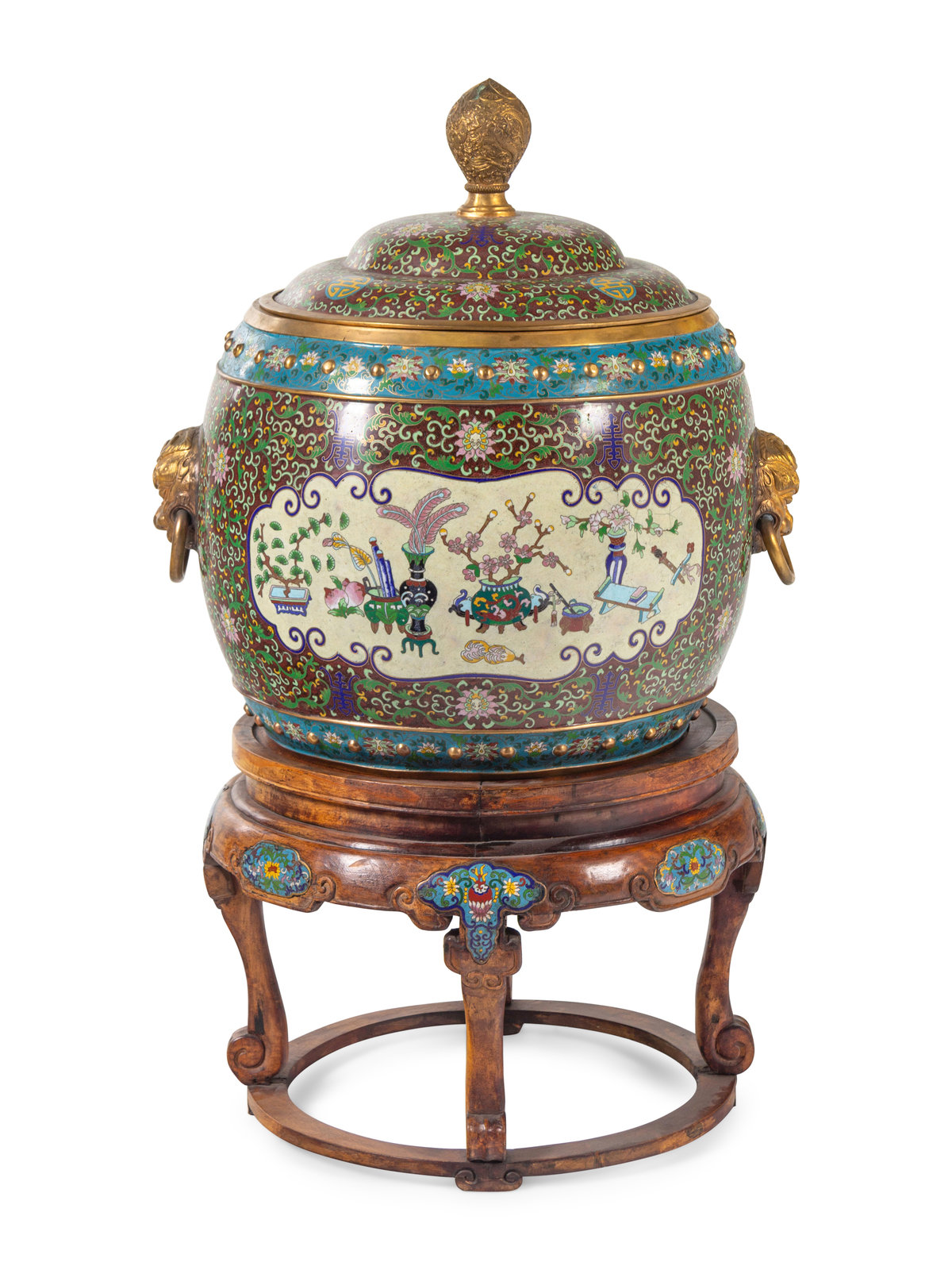 Appraisal: A Large Chinese Cloisonn Enamel Covered Jar and A Hardwood