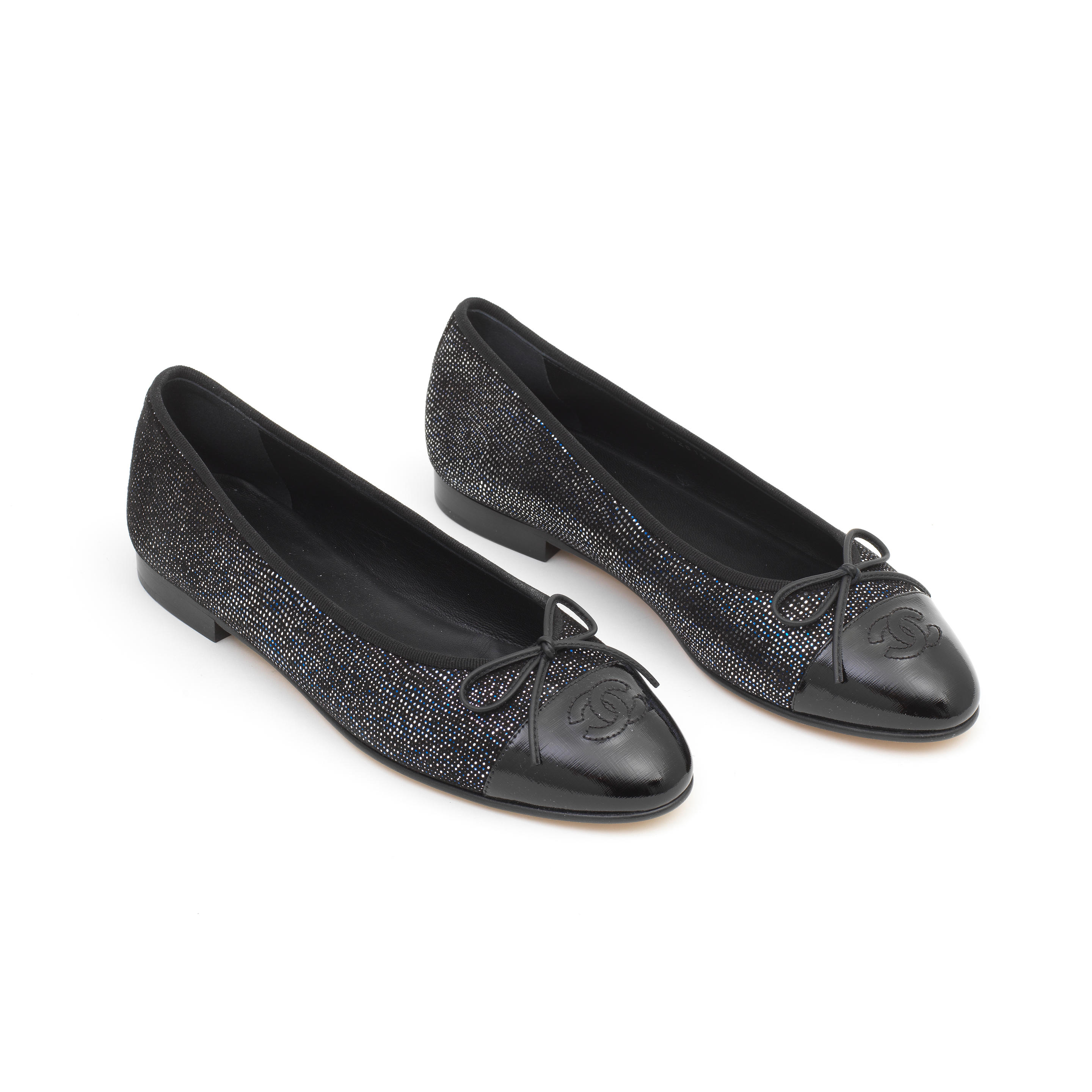 Appraisal: A PAIR OF METALLIC SPECKLED BLACK BALLERINA PUMPS Chanel Black