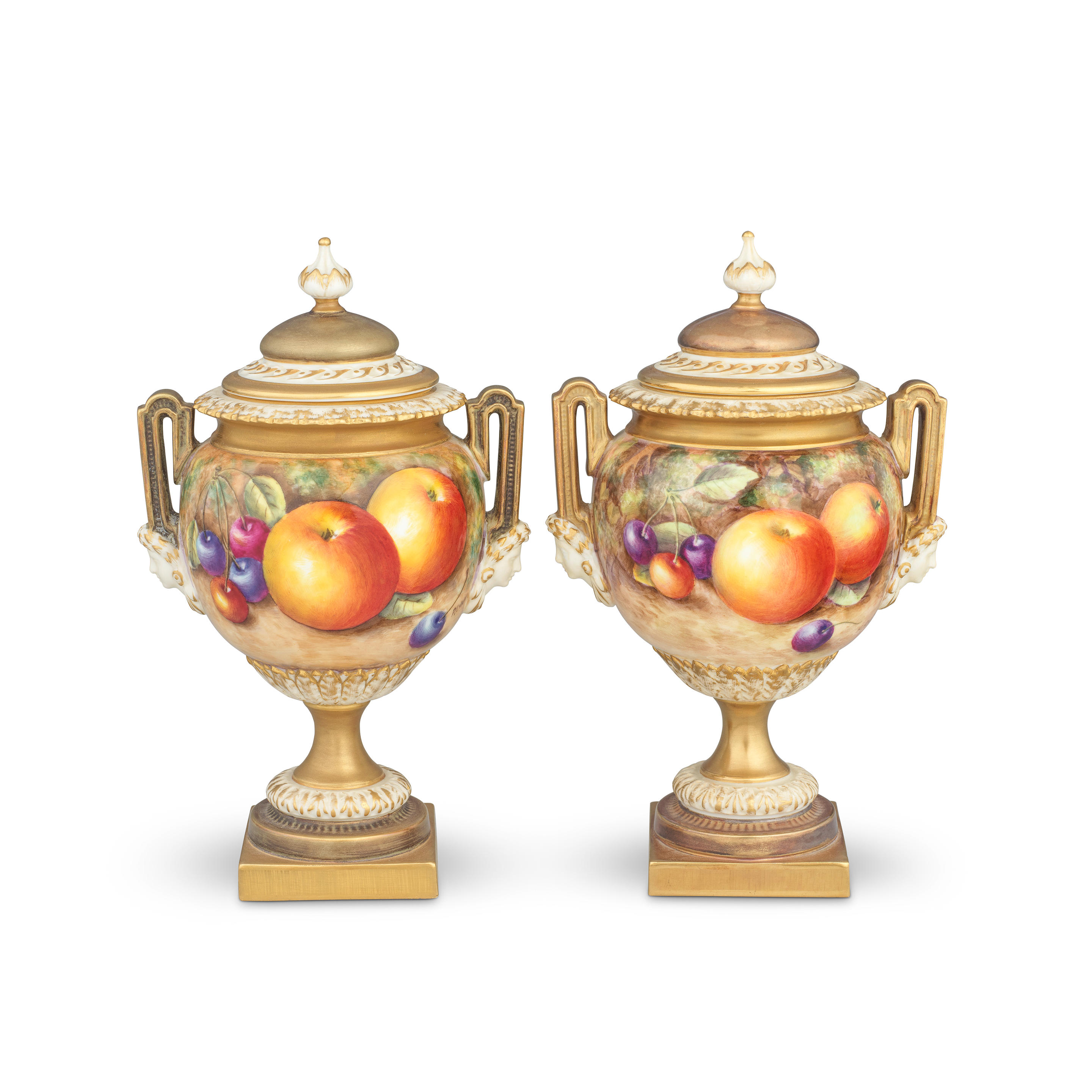 Appraisal: A PAIR OF ROYAL WORCESTER 'PAINTED FRUIT' VASES AND COVERS