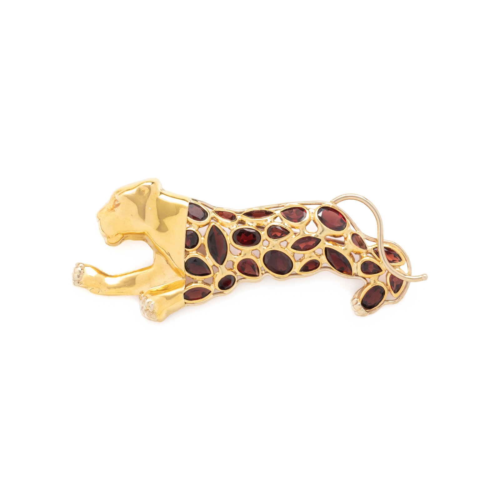 Appraisal: YELLOW GOLD AND GARNET LEOPARD BROOCH Containing oval pear round