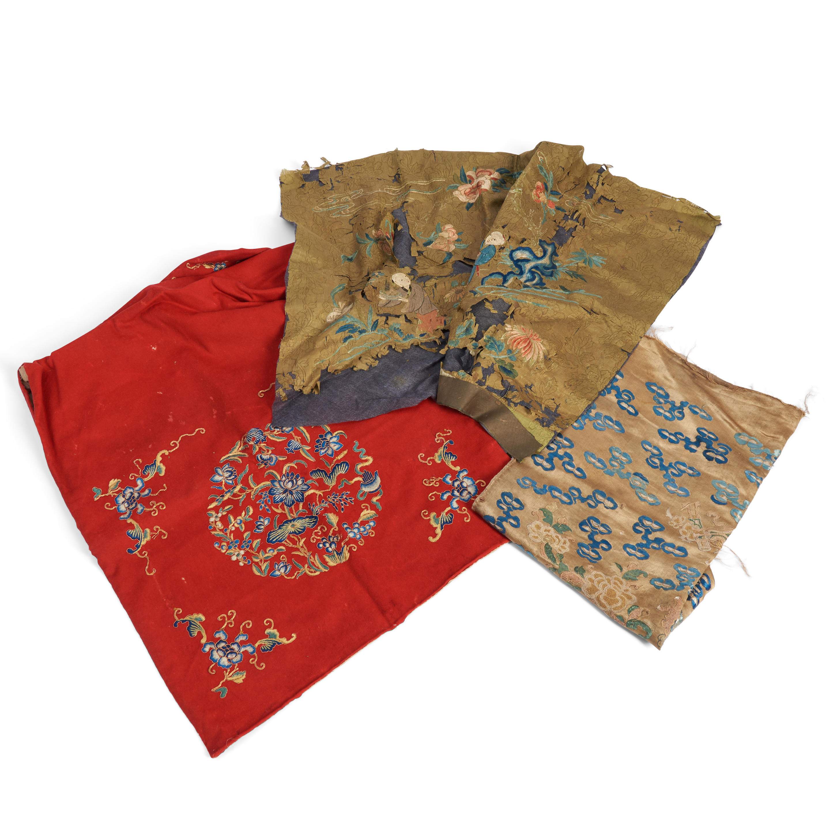 Appraisal: THREE EMBROIDERED TEXTILES China th century a green silk woven