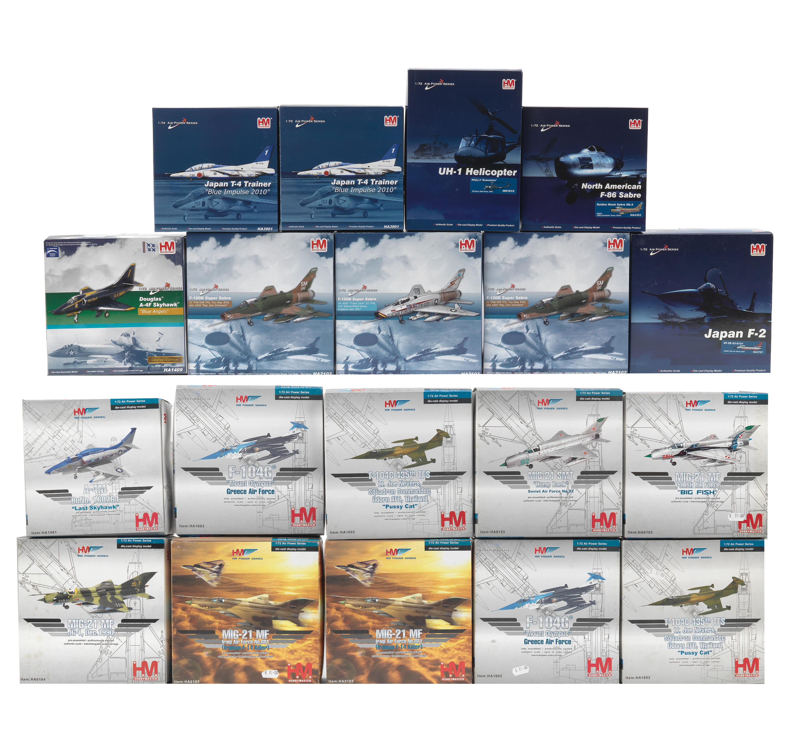 Appraisal: EIGHTEEN BOXED SCALE DIE-CAST JET FIGHTER AIRCRAFT MODELS BY HOBBY