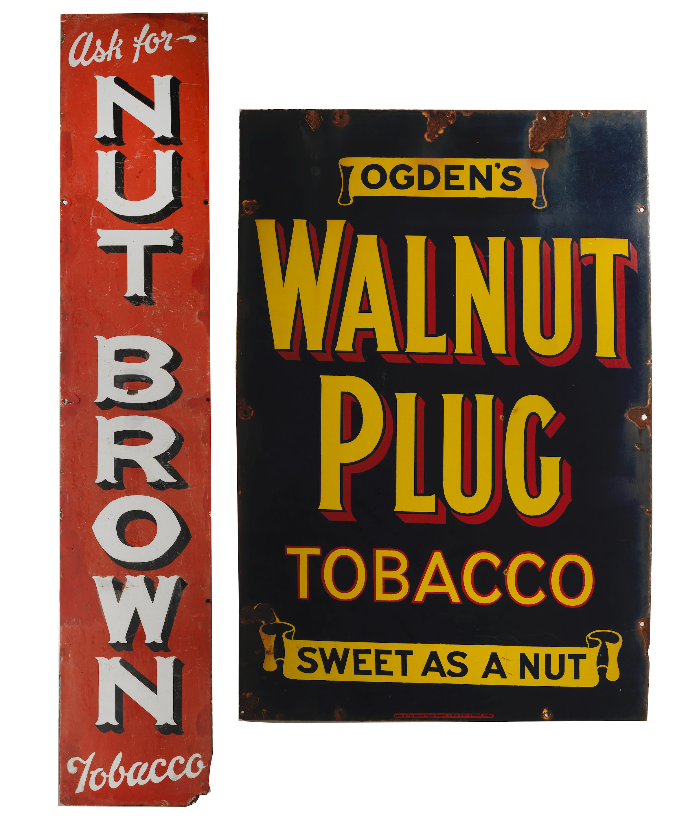 Appraisal: TWO TOBACCO COMPANY ENAMEL ADVERTISING SIGNS comprising an Ogden's Walnut