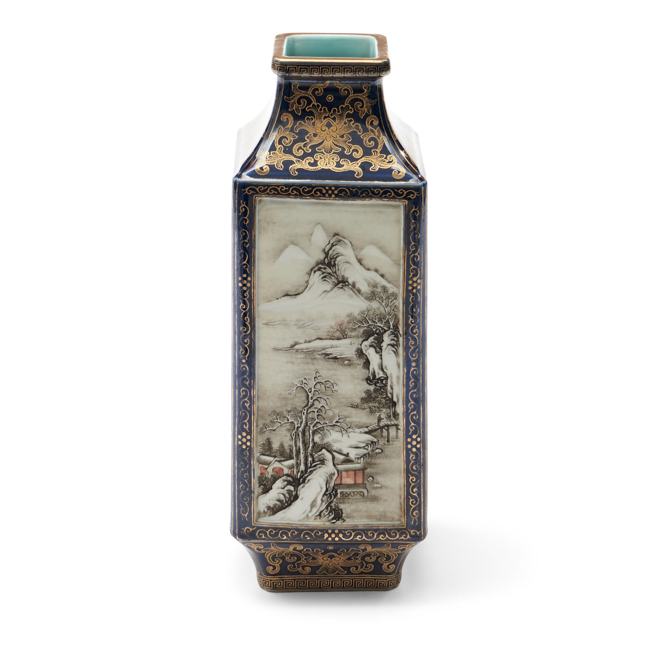 Appraisal: POLYCHROME-ENAMELED LANDSCAPE PANEL VASE China Republic period square with tapered