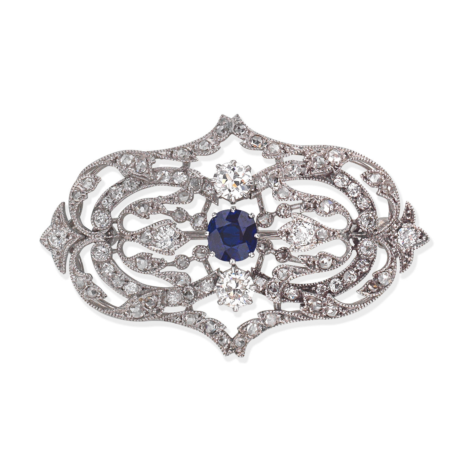 Appraisal: SAPPHIRE AND DIAMOND BROOCH Cushion-shaped sapphire and old brilliant and