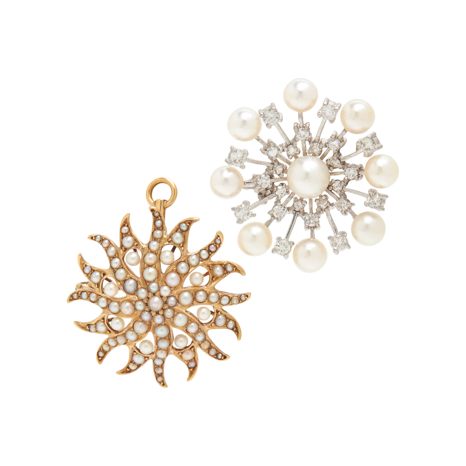 Appraisal: PAIR OF GOLD AND CULTURED PEARL BROOCHES White gold brooch