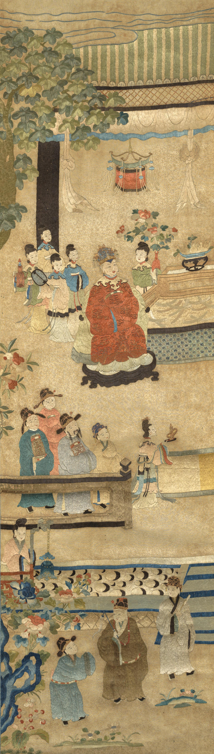 Appraisal: AN EMBROIDERED SILK SIX-PANEL HANGING SCROLL SET th century Comprised