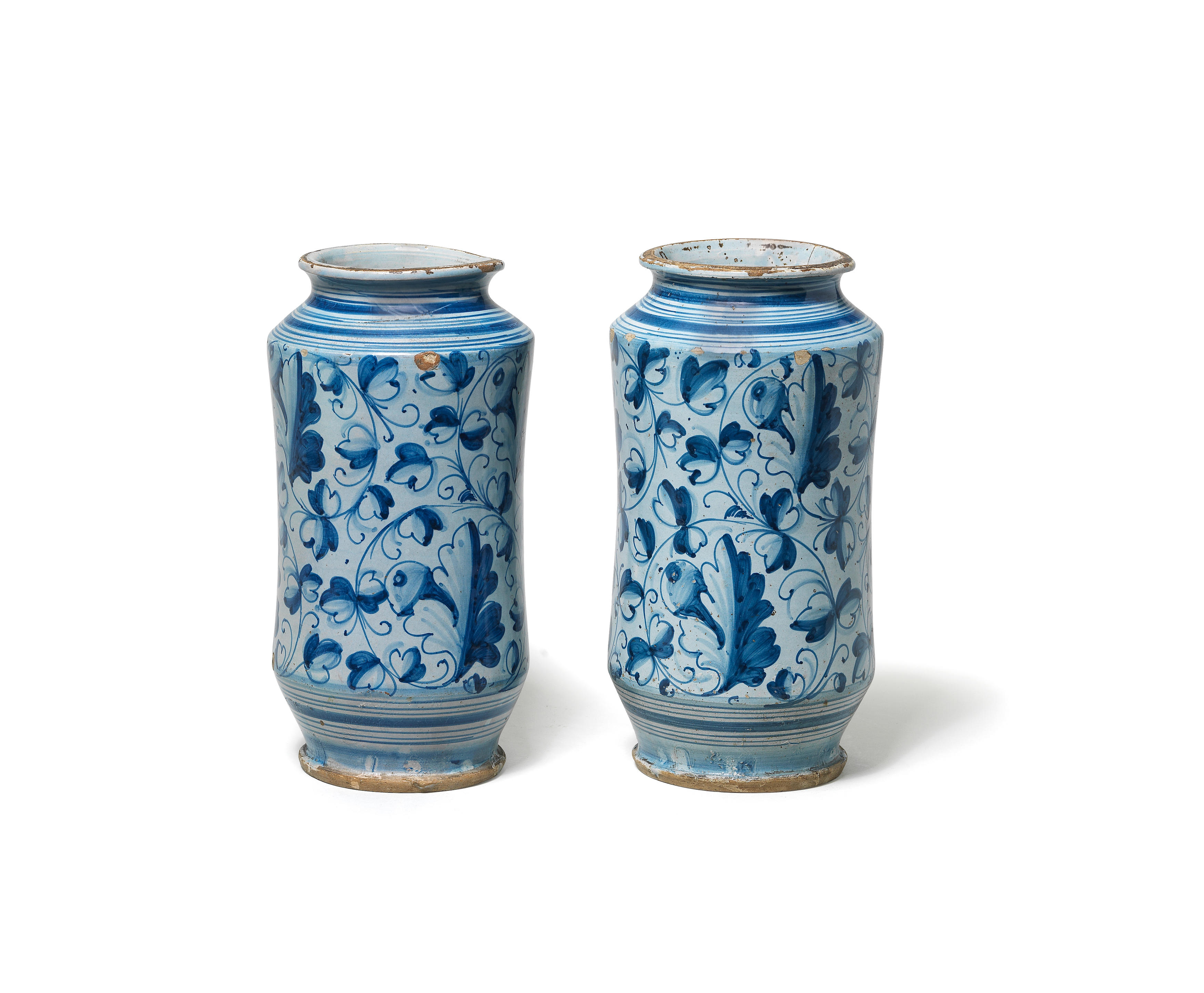 Appraisal: A PAIR OF VENETIAN MAIOLICA BERRETINO-GROUND ALBARELLI LATE TH CENTURY