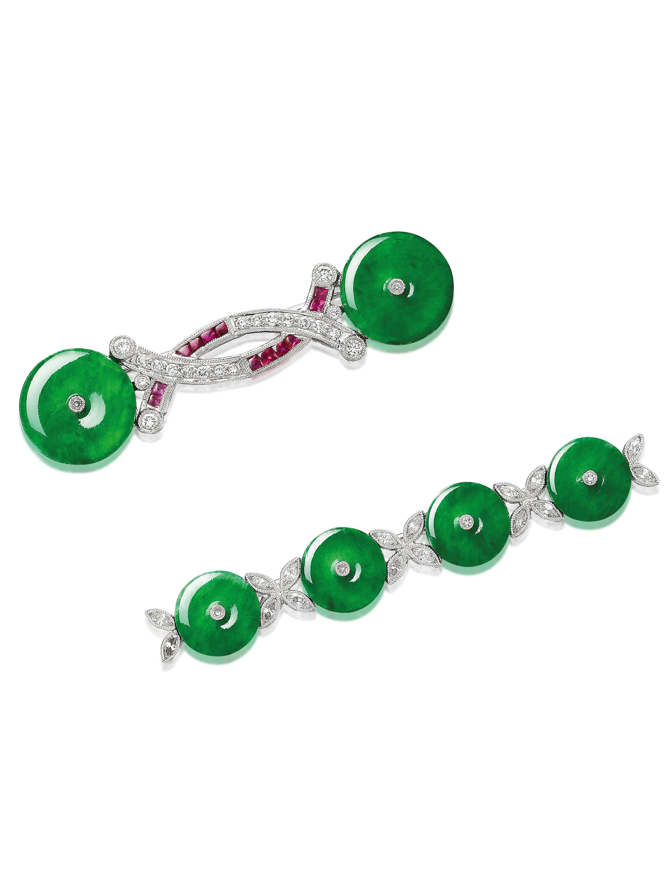 Appraisal: TWO JADEITE AND DIAMOND 'HUAIGU' BAR BROOCHES st bar brooch