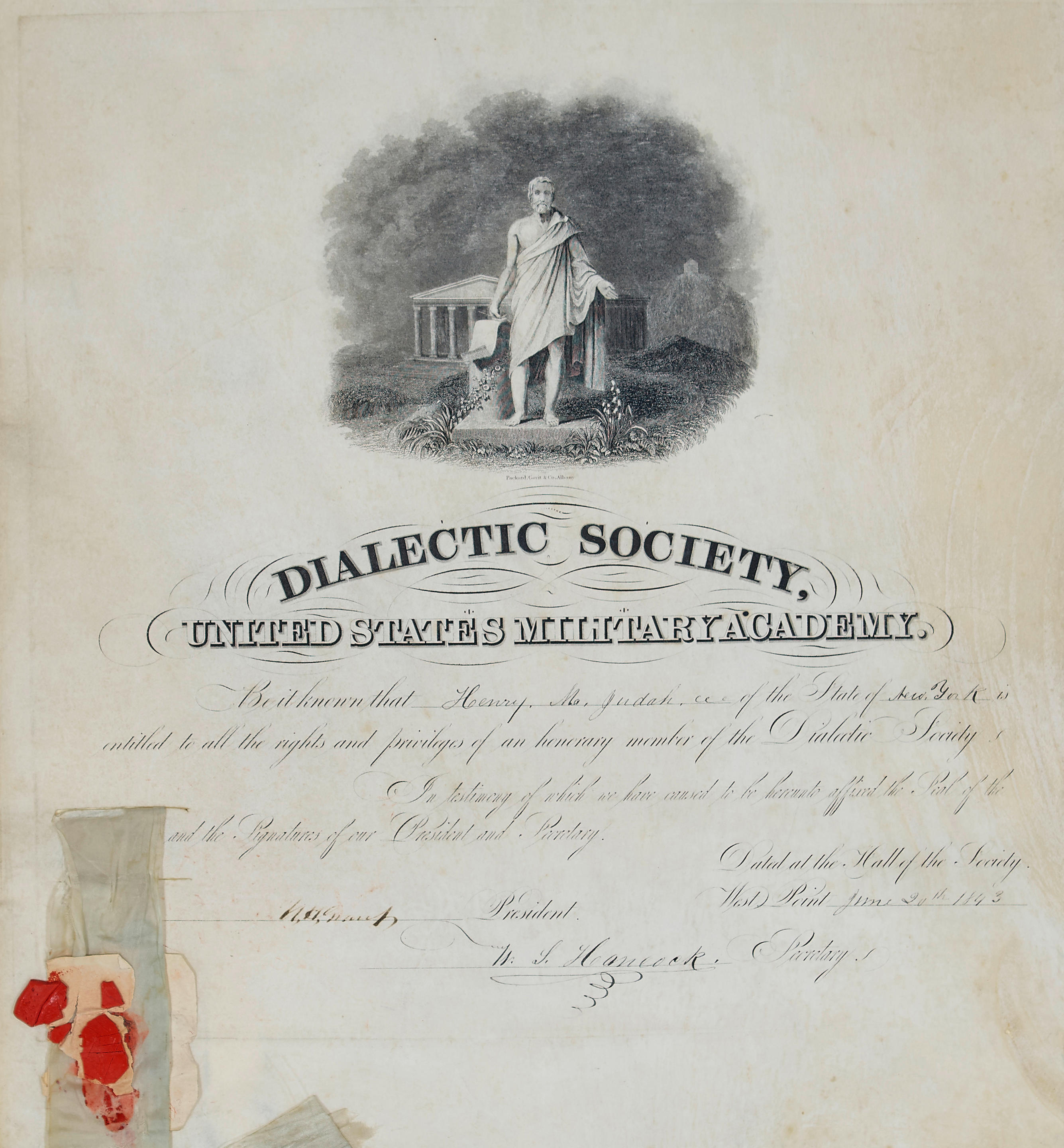 Appraisal: GRANT SIGNS WEST POINT DIALECTIC SOCIETY CERTIFICATE GRANT ULYSSES S