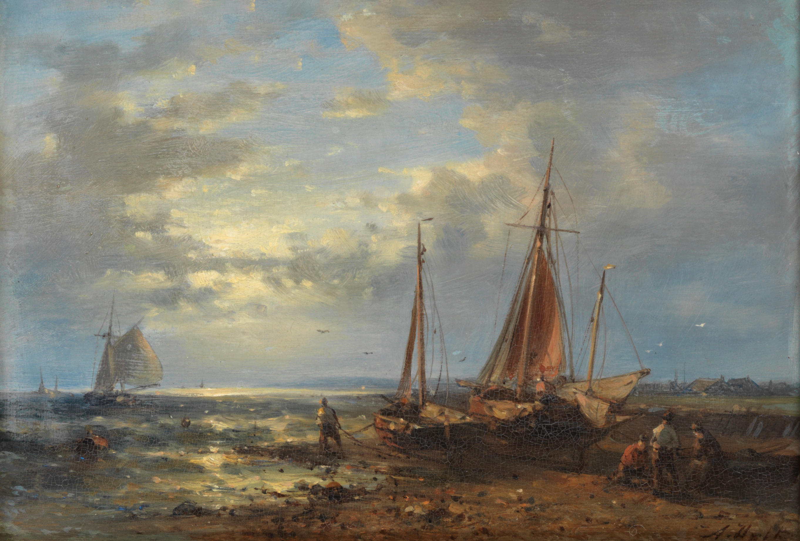 Appraisal: ABRAHAM HULK DUTCH - Beached boats with fisherfolk mending their