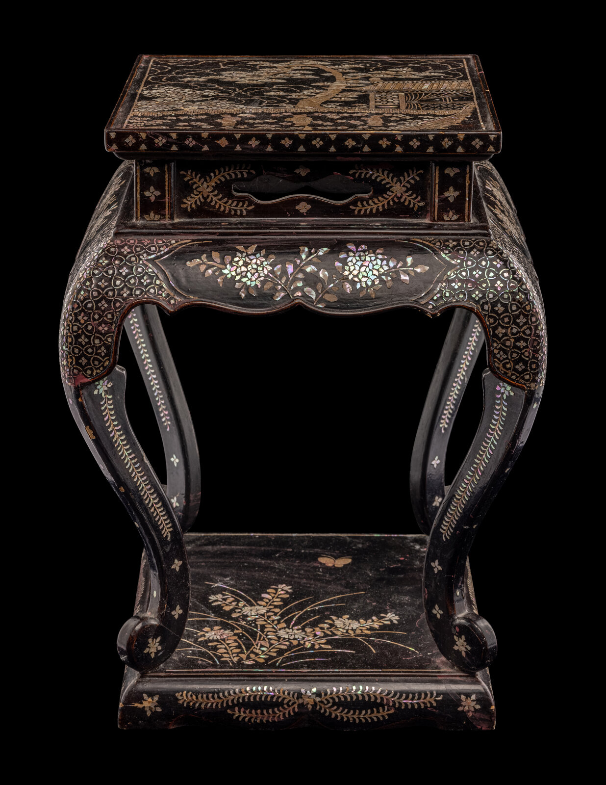 Appraisal: A Japanese Mother-of-Pearl Inlaid Black Lacquer Stand th th Century