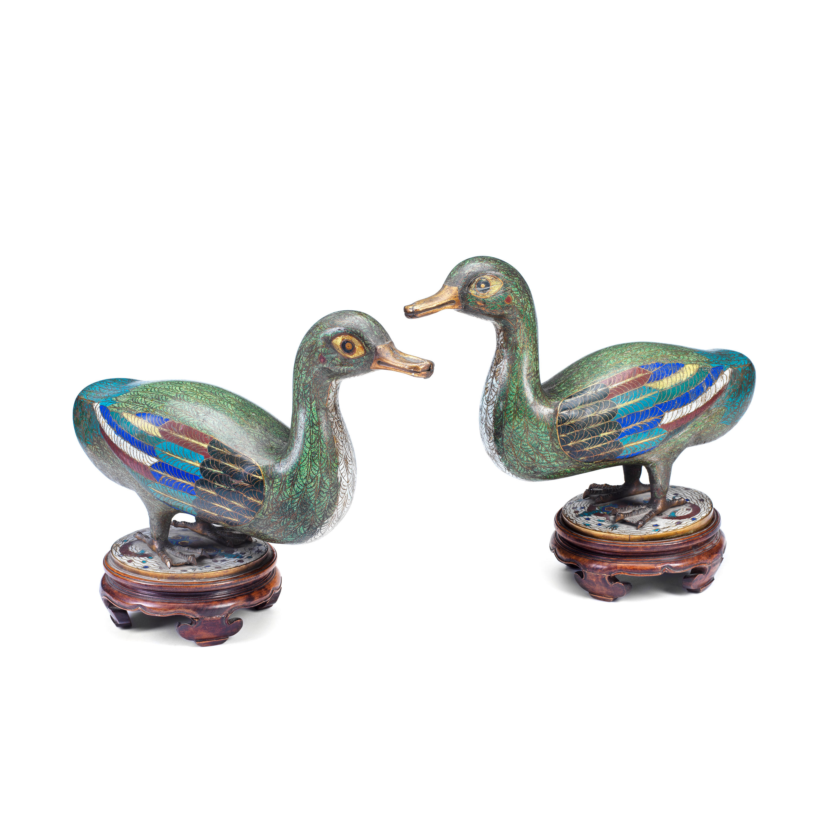 Appraisal: A PAIR OF CLOISONN ENAMEL DUCKS th th century Standing