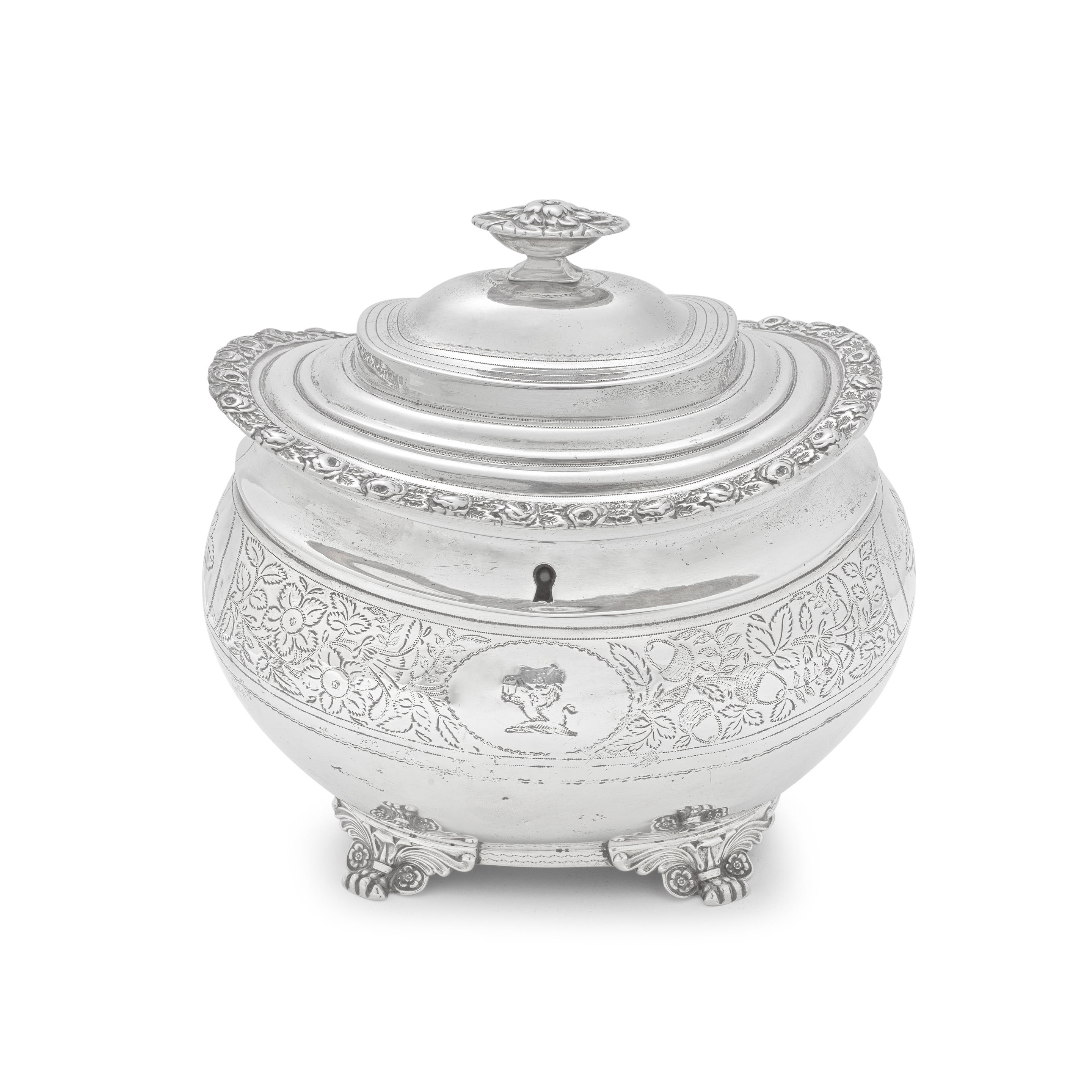 Appraisal: A GEORGE III SILVER TEA CADDY Naphthali Hart London Bulbous