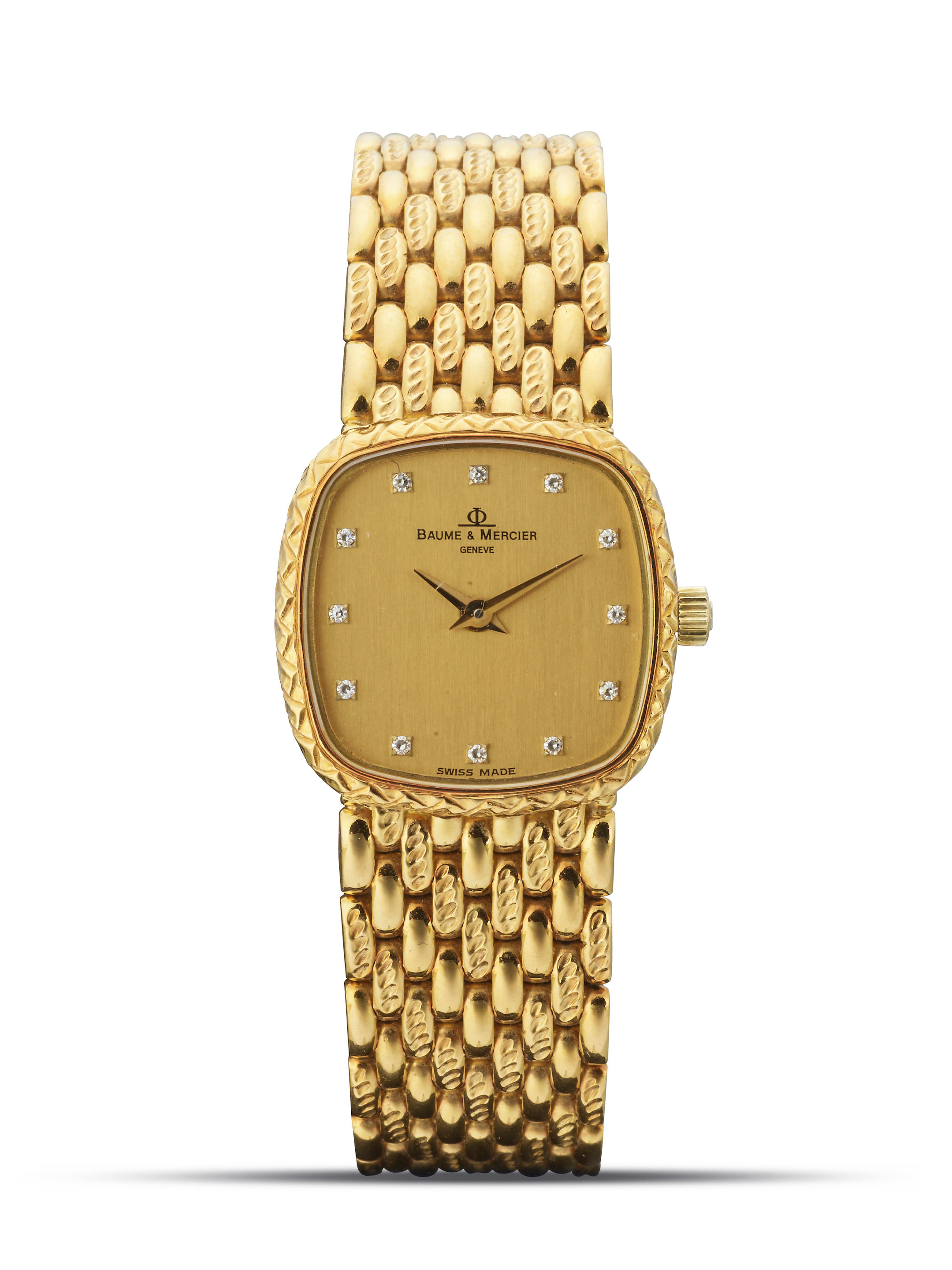 Appraisal: BAUME MERCIER A YELLOW GOLD BRACELET WATCH WITH DIAMOND-SET INDEXES